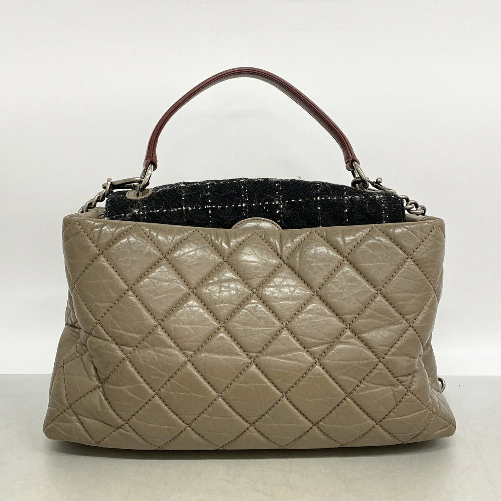 Chanel Brown Leather Tweed Handbag (Pre-Owned)
