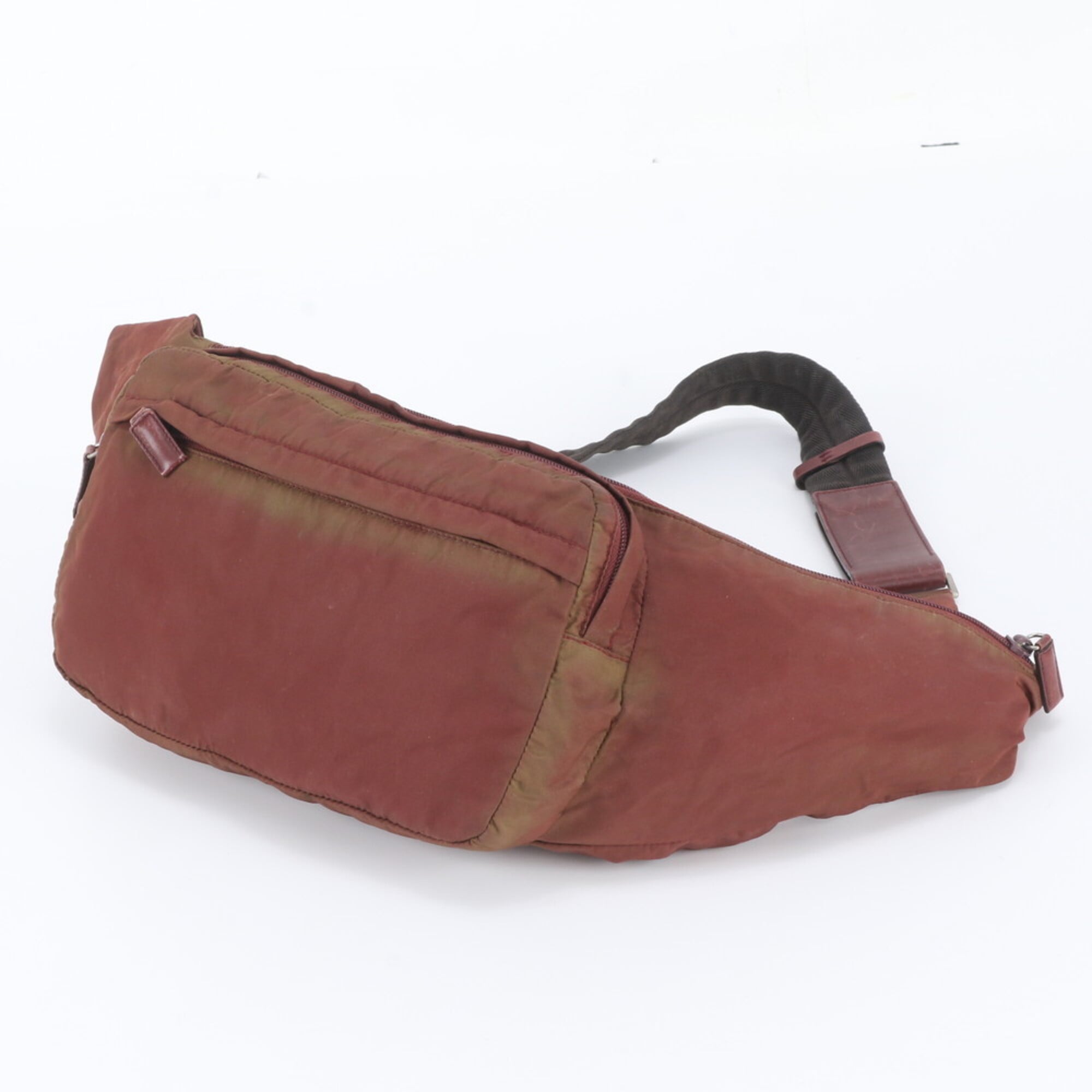 Prada Red Color Wine Leather Nylon Pouch Sling Bag (Pre-Owned)