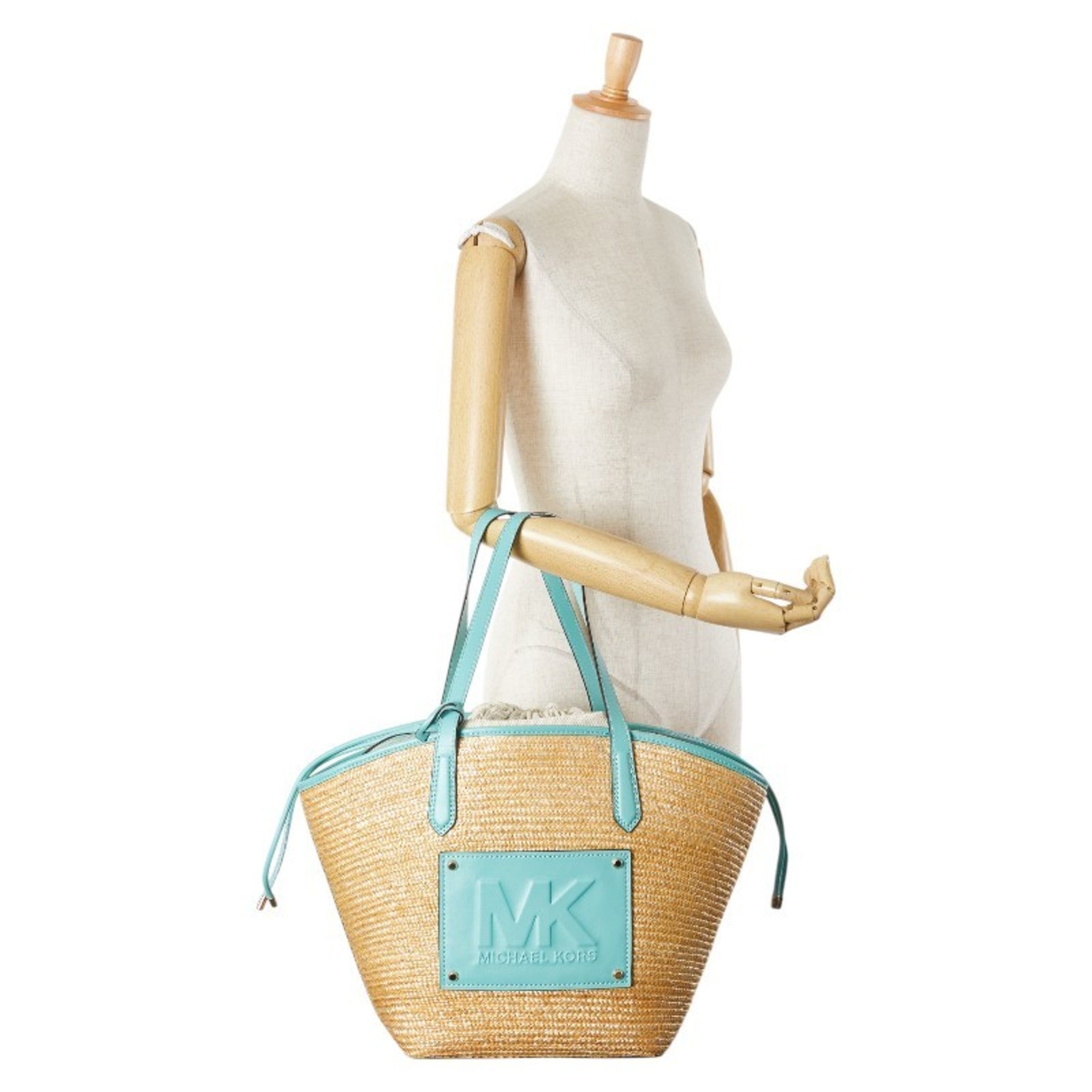 Michael Kors Beige Light Blue Straw Leather Tote Bag (Pre-Owned)