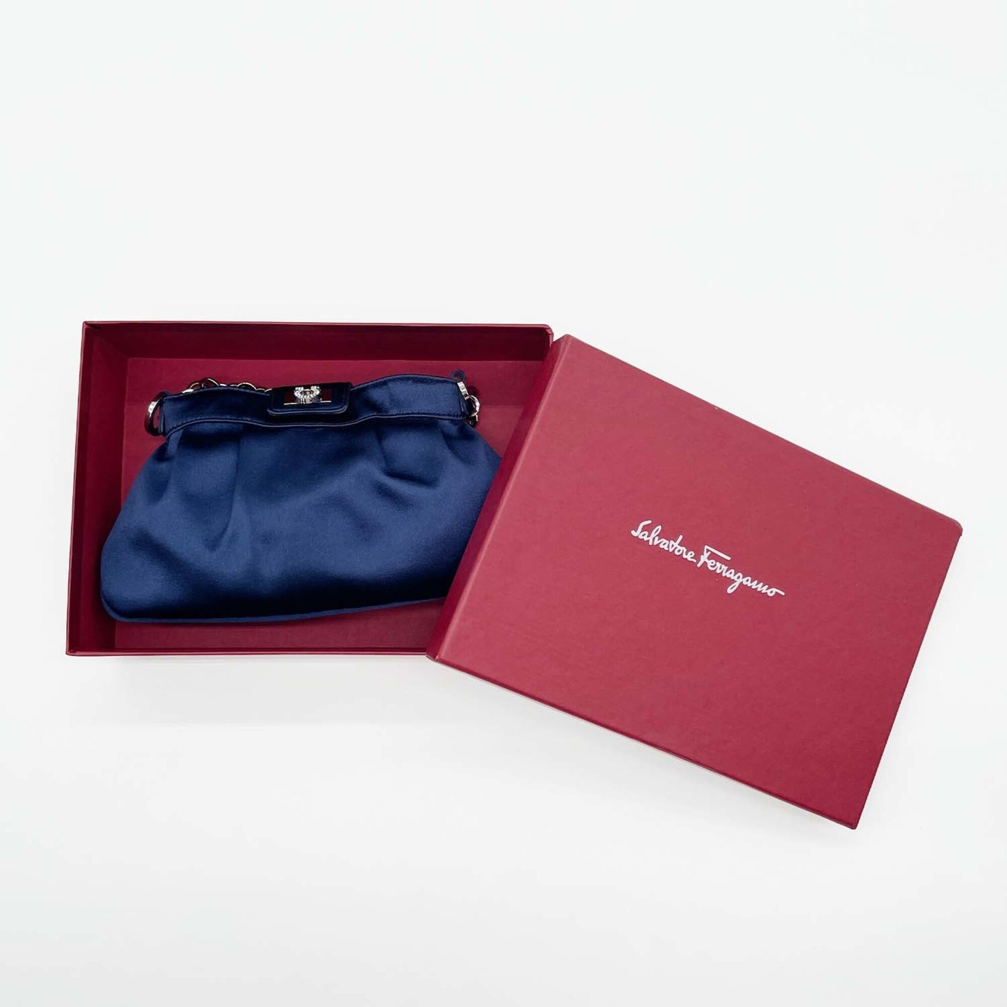 Salvatore Ferragamo Gancini Blue Rhinestone Satin Metal Handbag Pouch (Pre-Owned)