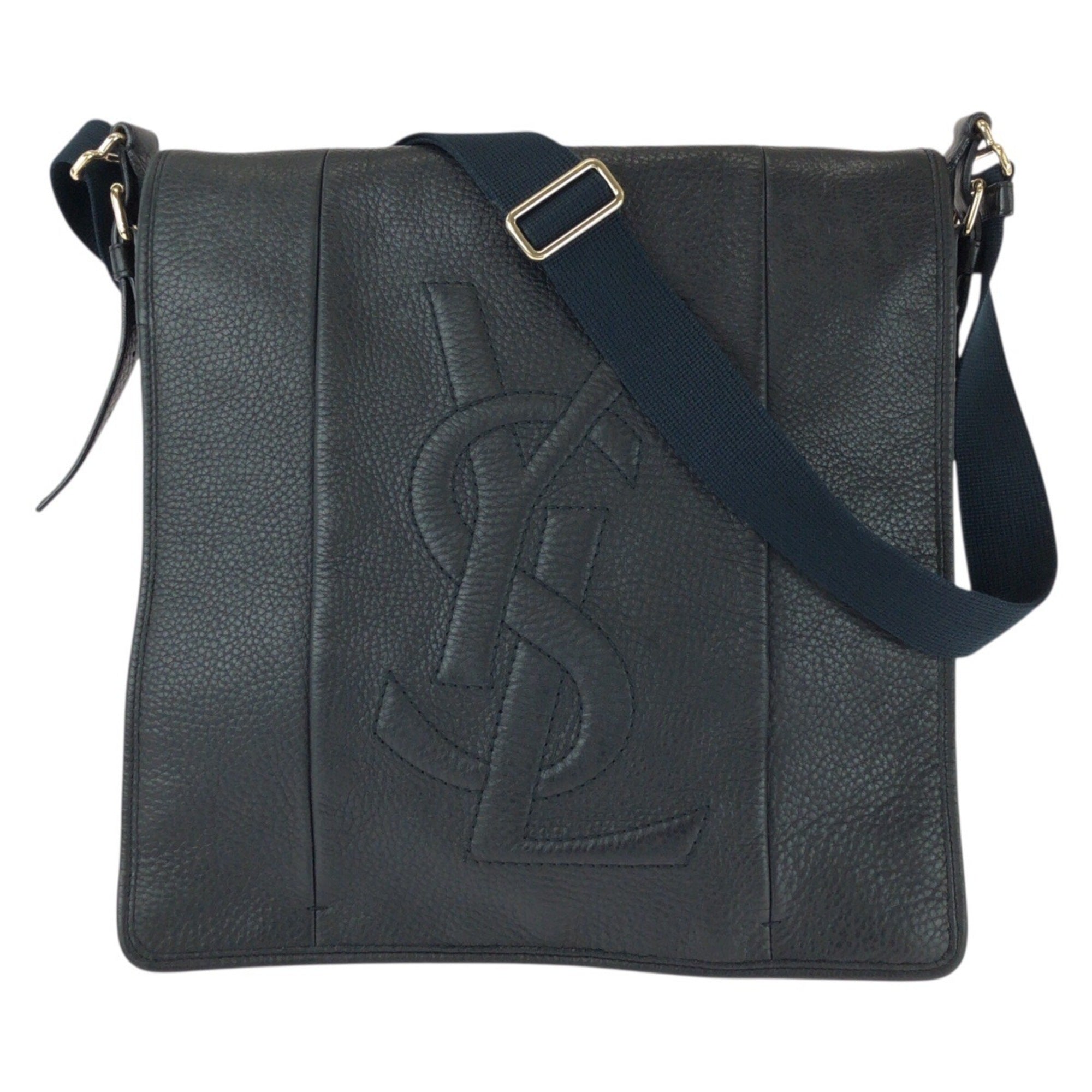 Yves Saint Laurent Black Navy Leather Messenger Bag Shoulder Bag (Pre-Owned)