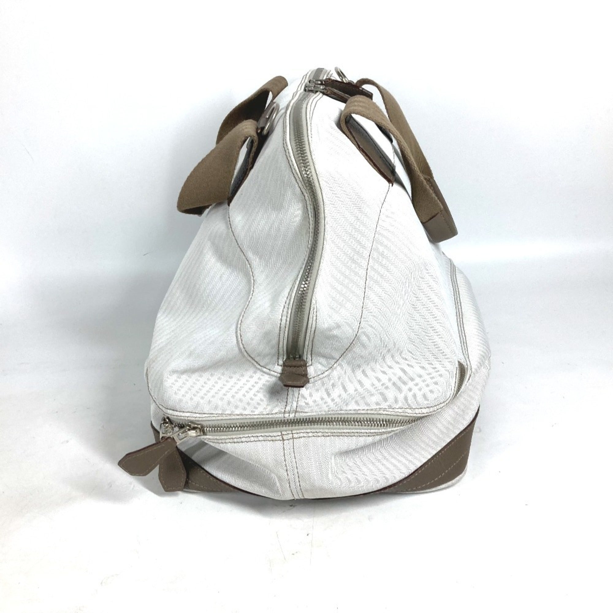 Hermes Beige Etoupe Gray White Toile Chevron Leather Boston Bag Handbag (Pre-Owned)