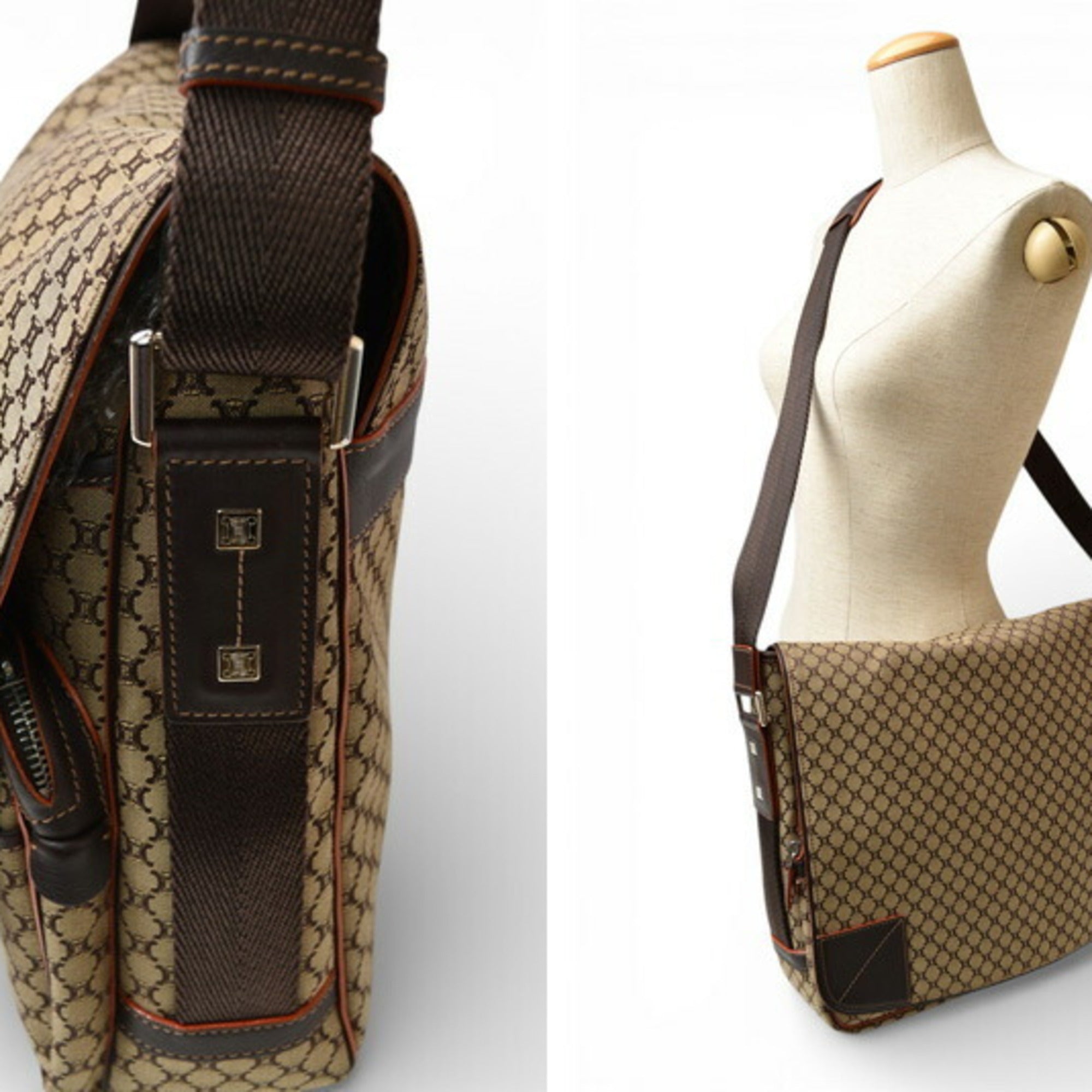 Celine Beige Brown Canvas Messenger Bag Shoulder Bag (Pre-Owned)