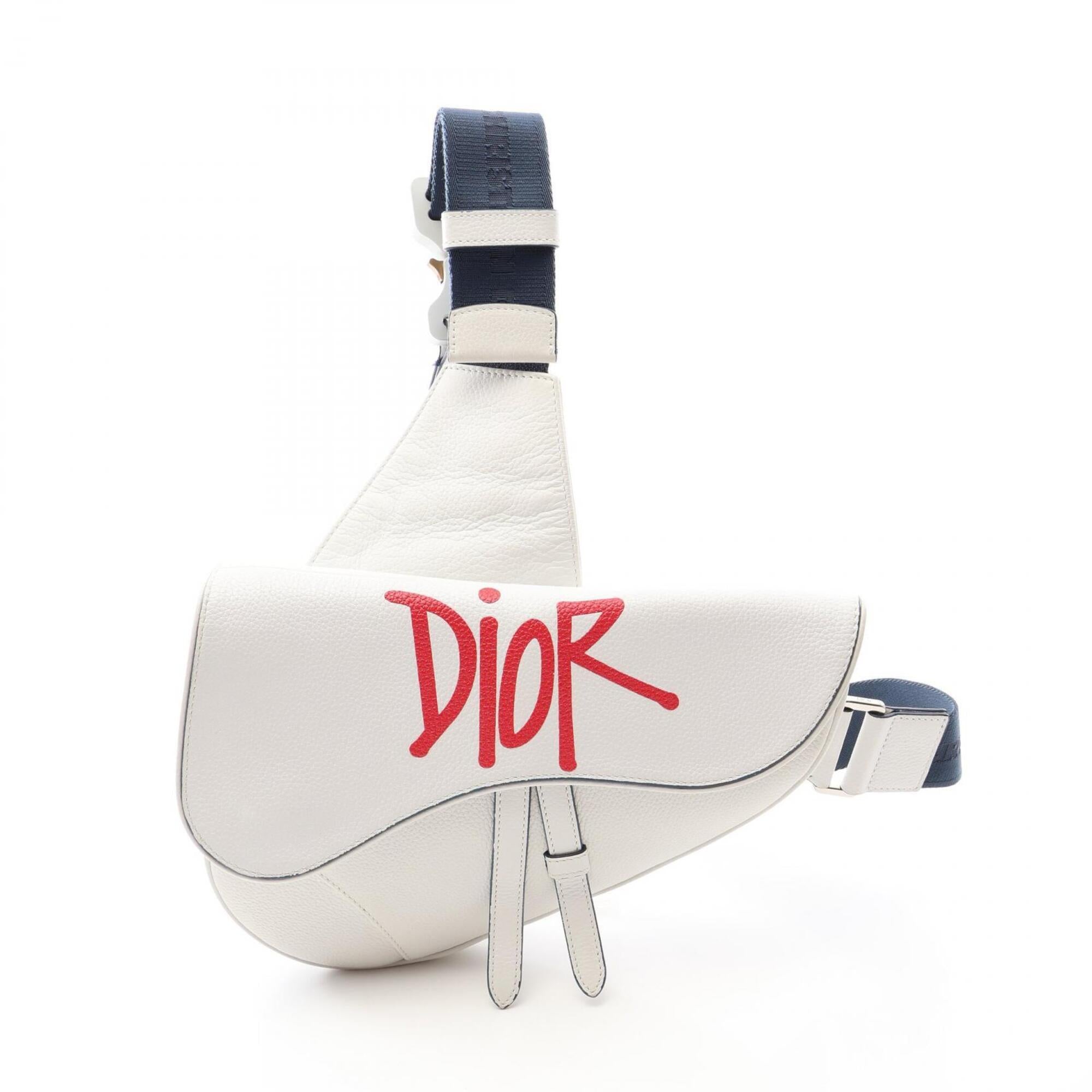 Christian Dior Navy Red Color White Leather Fanny Pack Handbag Saddle Bag (Pre-Owned)