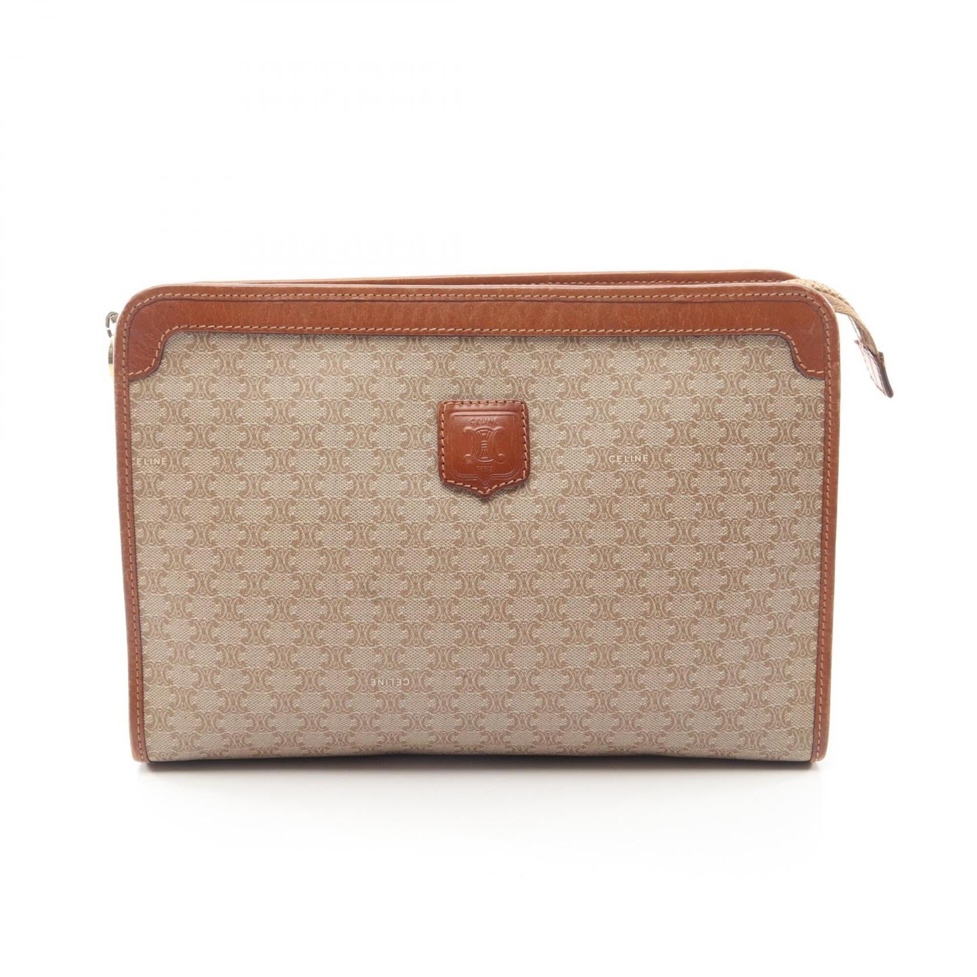 Celine Beige Brown Coated Canvas Leather Clutch Bag Handbag (Pre-Owned)