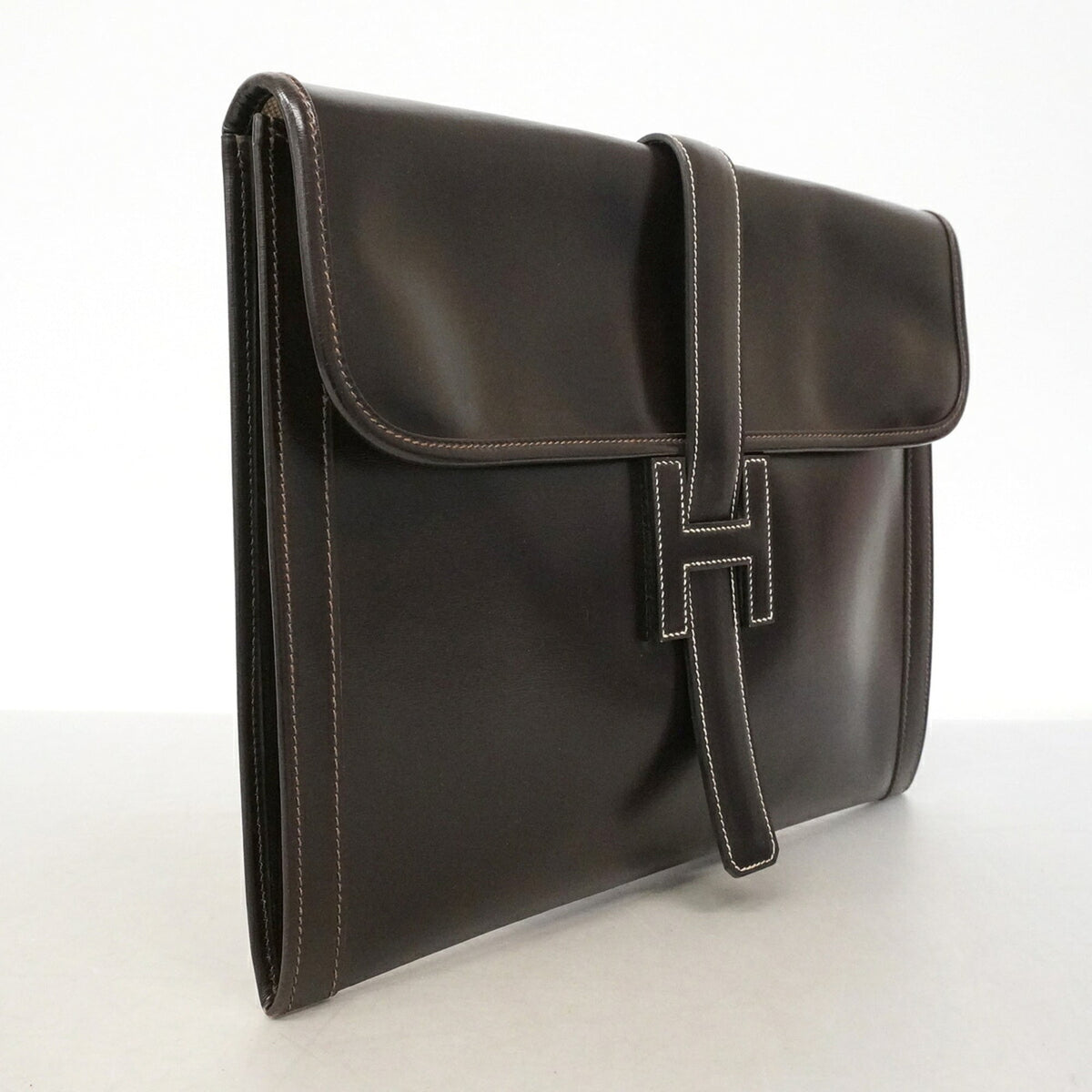 Hermes Dark Brown Box Calf Leather Clutch Bag (Pre-Owned)