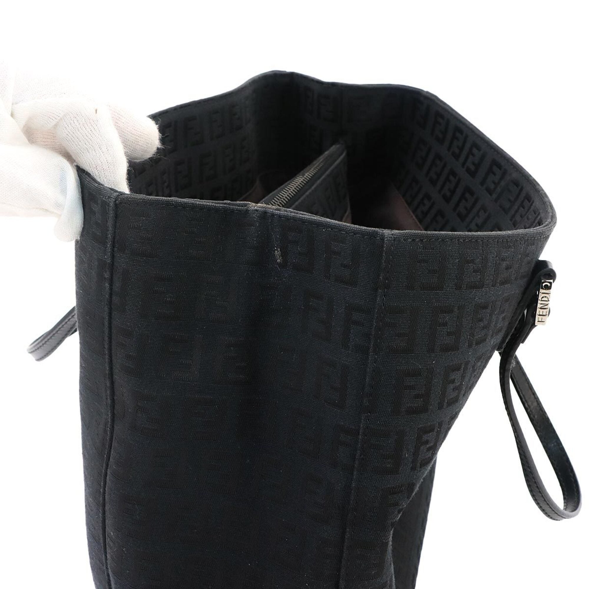 Fendi Zucchino Black Canvas Leather Handbag Tote Bag (Pre-Owned)