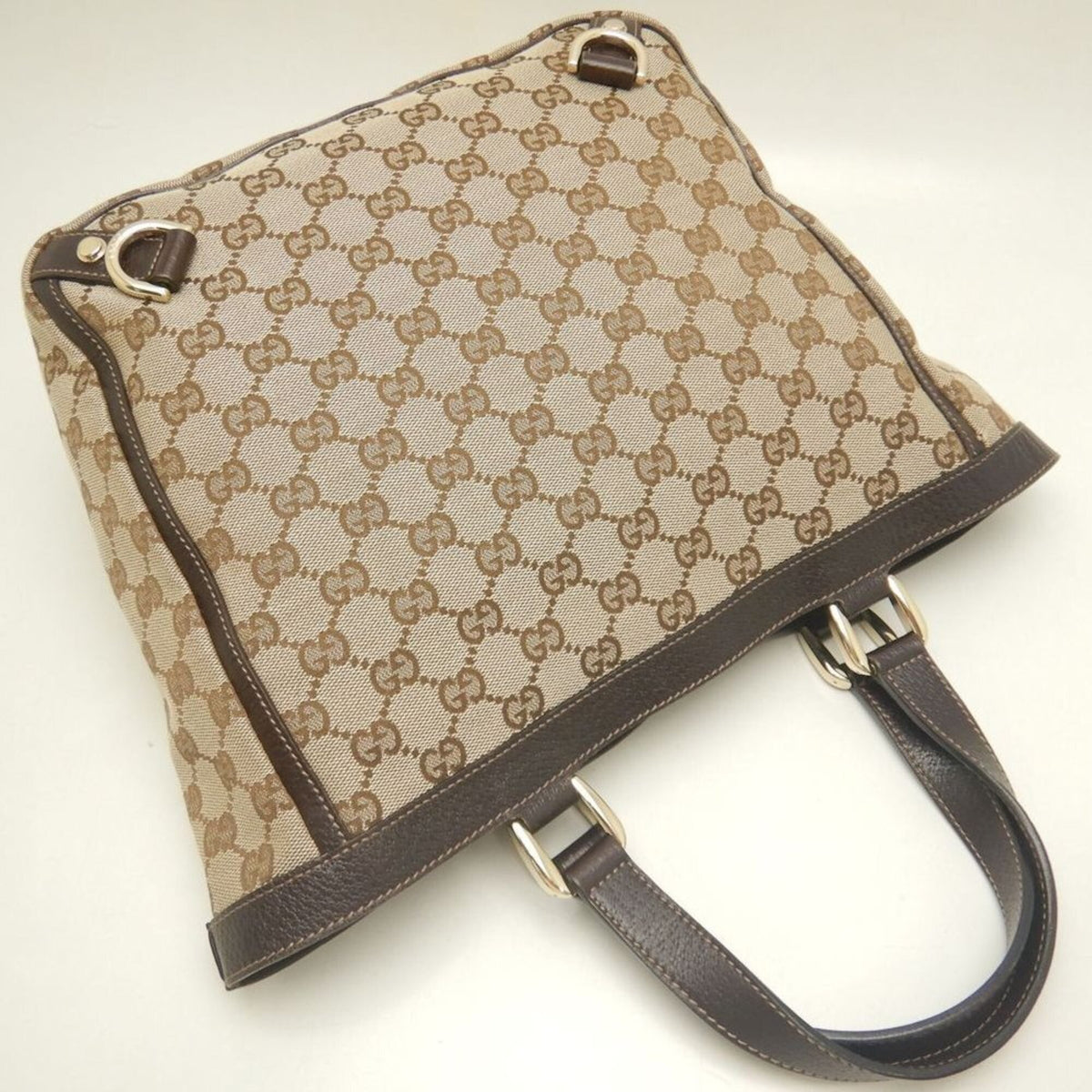 Gucci Abbey Beige Brown Gg Canvas Leather Tote Bag (Pre-Owned)