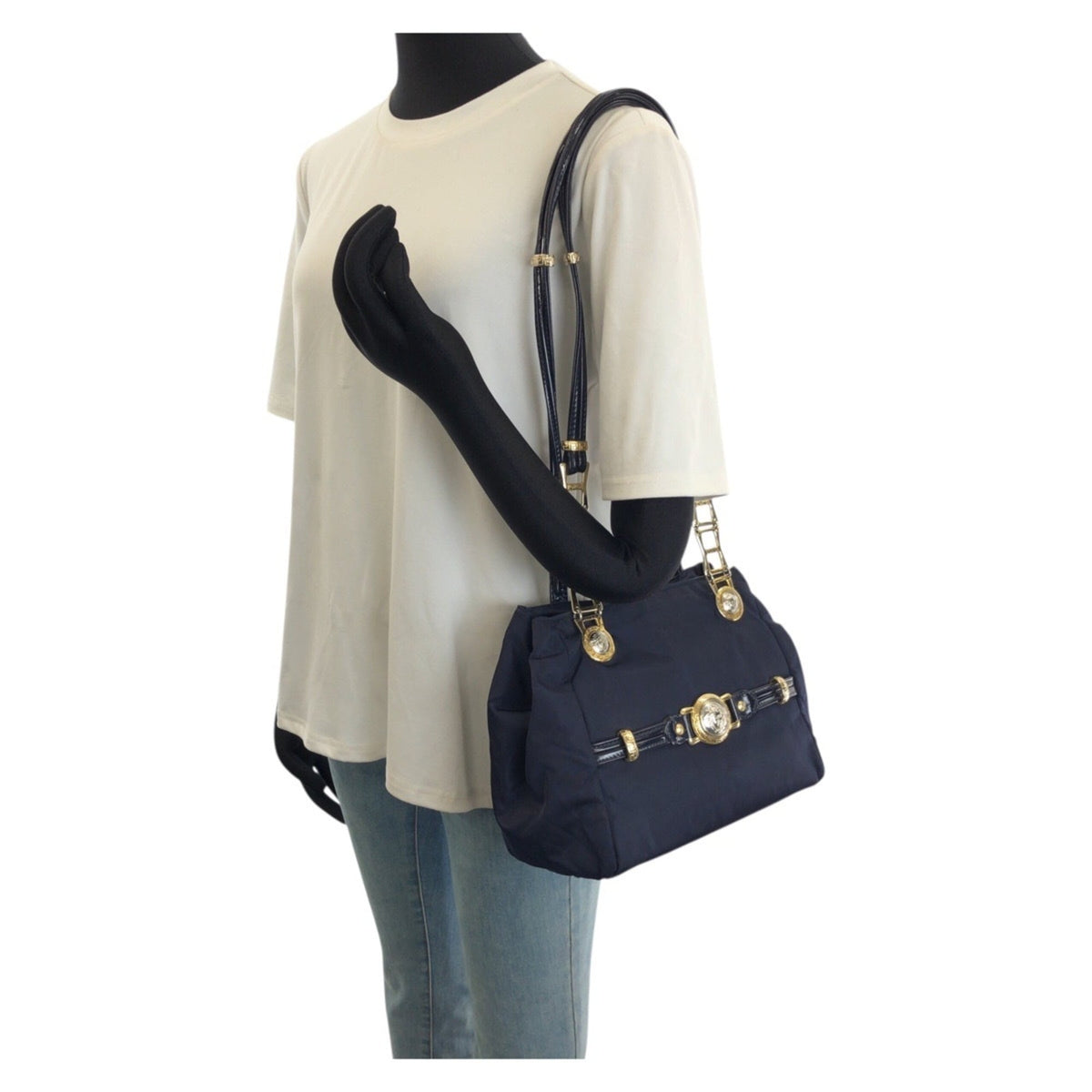 Versace Navy Nylon Patent Leather Shoulder Bag (Pre-Owned)
