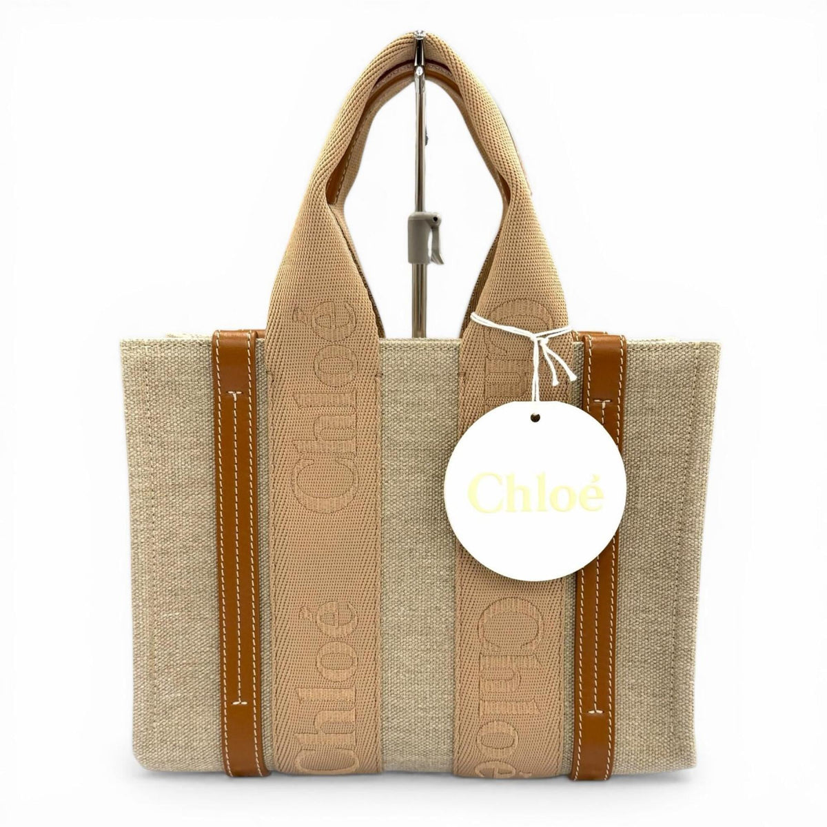 Chloé Beige Leather Linen Handbag Tote Bag (Pre-Owned)