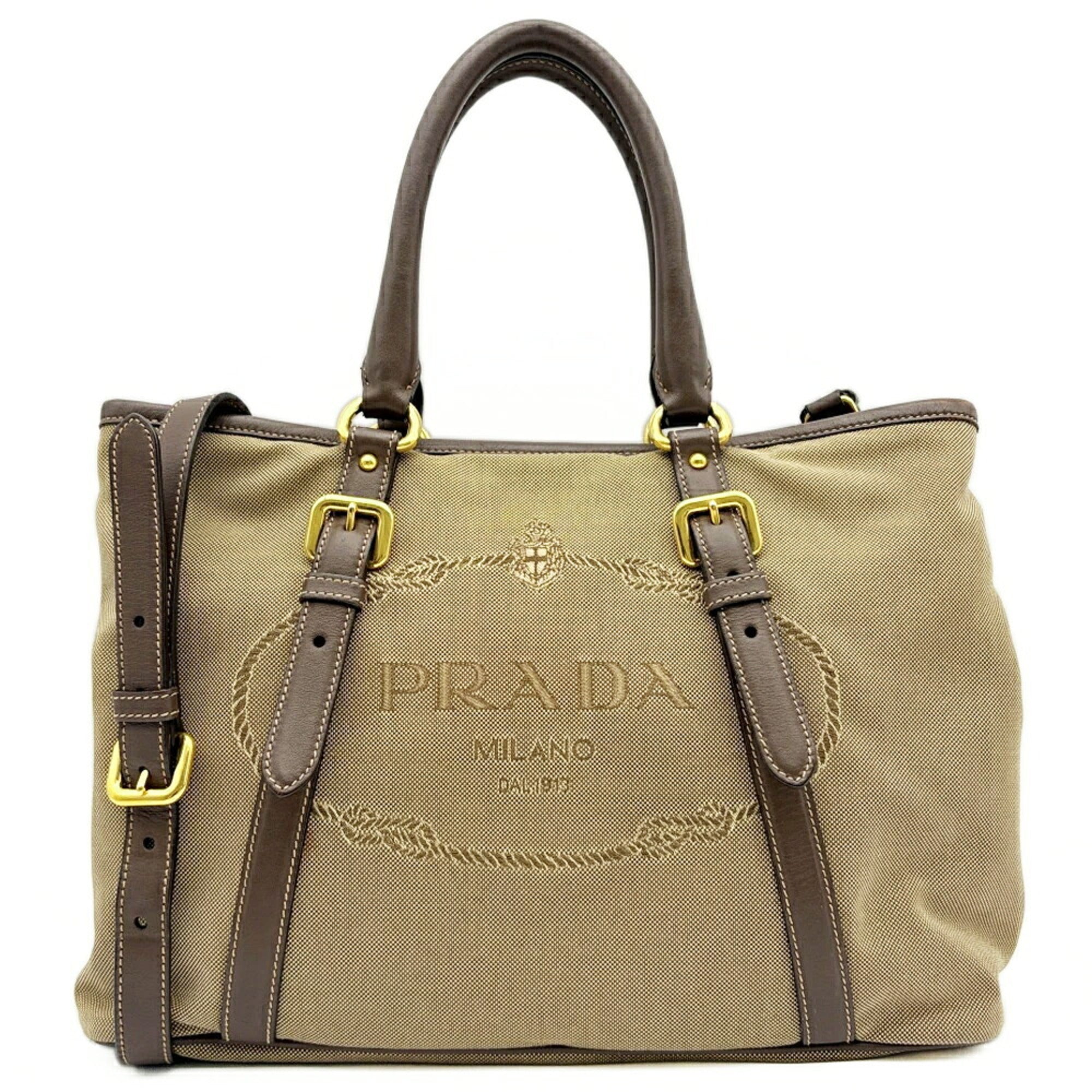 Prada Beige Dark Brown Canvas Leather Tote Bag (Pre-Owned)