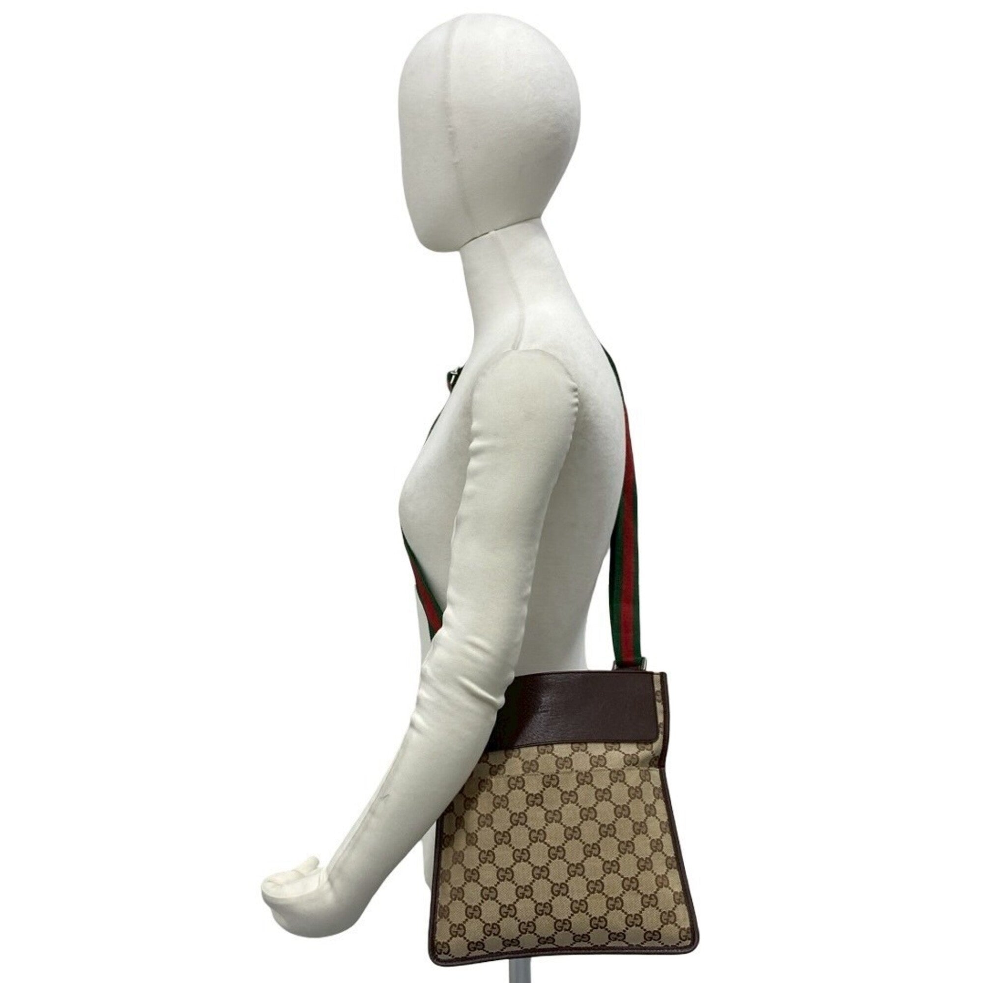 Gucci Brown Green Red Color Canvas Leather Shoulder Bag (Pre-Owned)
