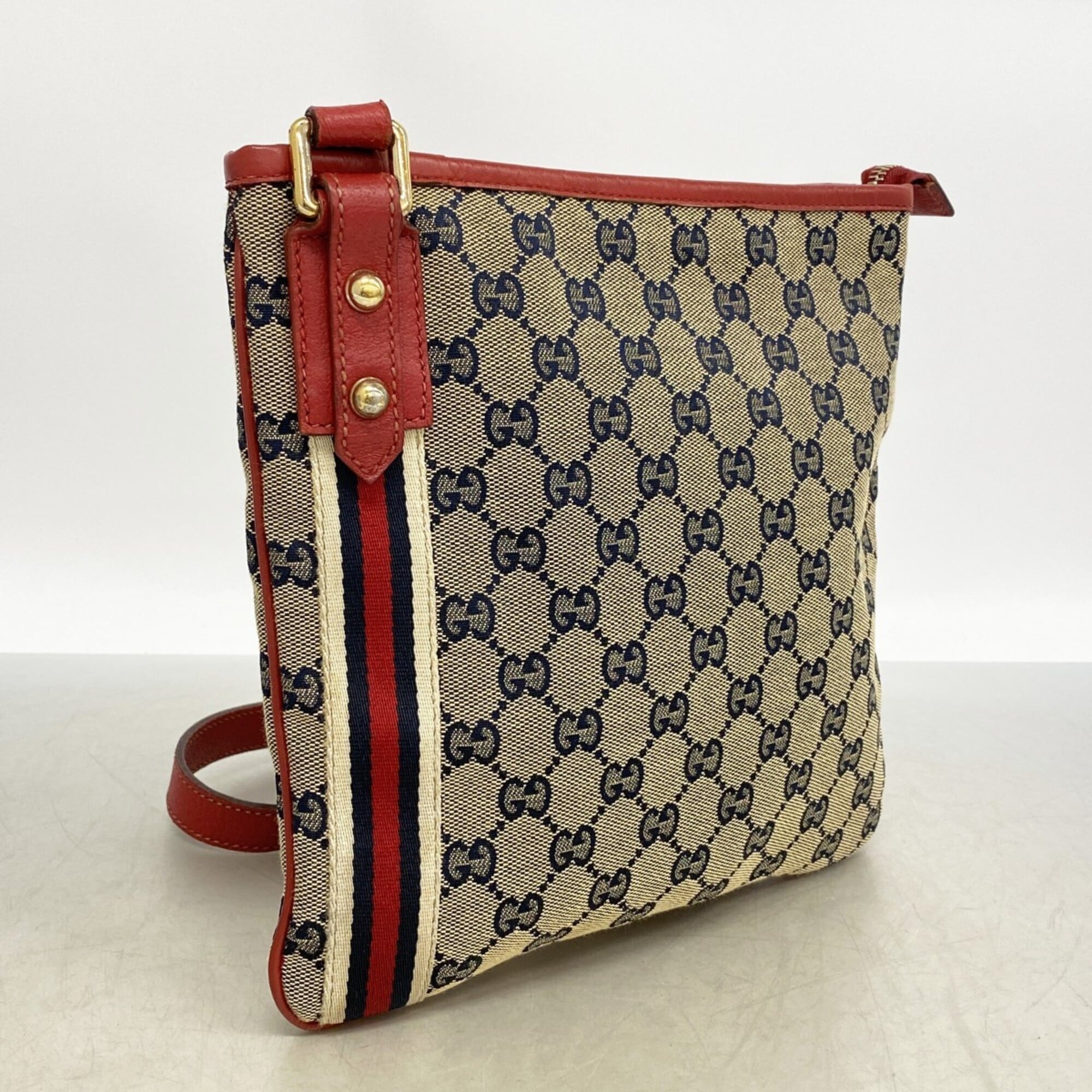 Gucci Navy Red Color Canvas Shoulder Bag (Pre-Owned)