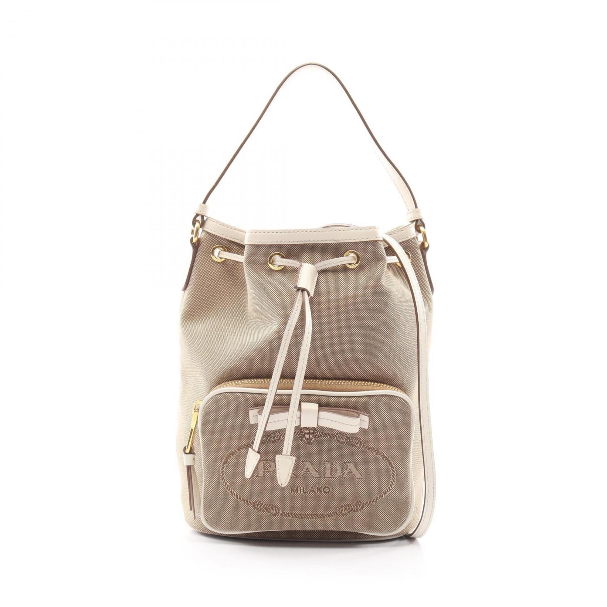 Prada Beige Brown White Canvas Leather Handbag (Pre-Owned)