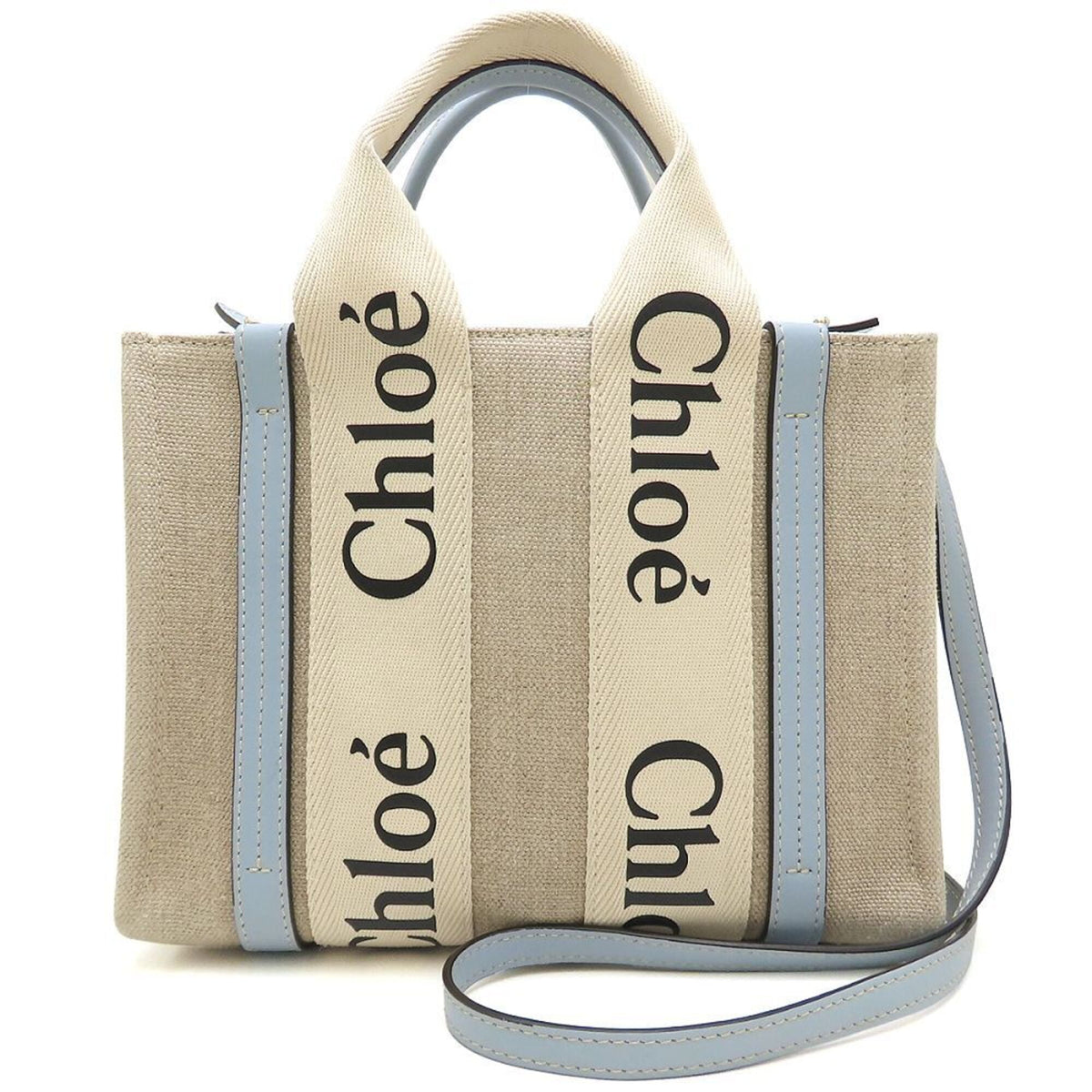 Chloé Light Blue White Linen Leather Handbag Shoulder Bag (Pre-Owned)