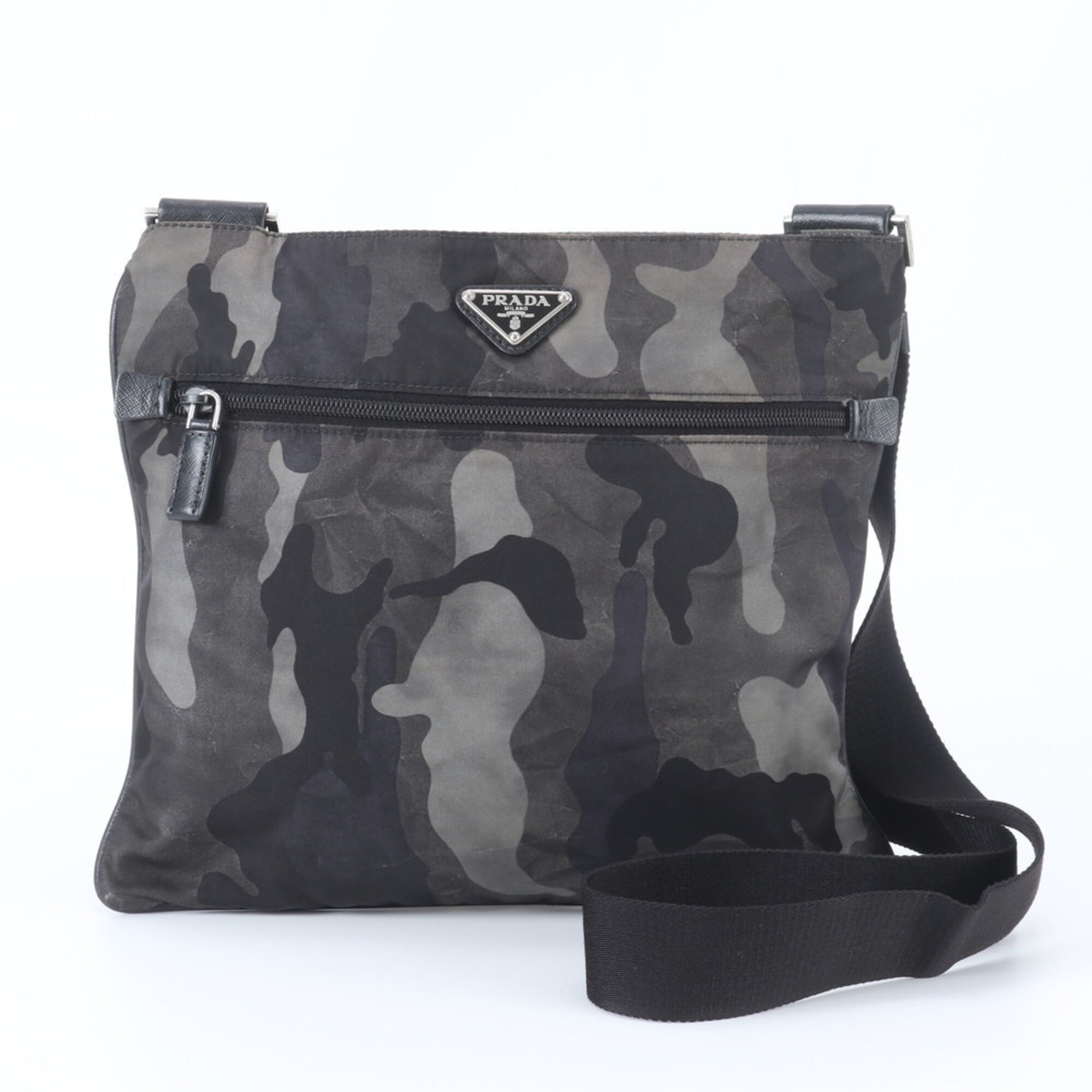 Prada Saffiano Black Gray Nylon Leather Shoulder Bag (Pre-Owned)