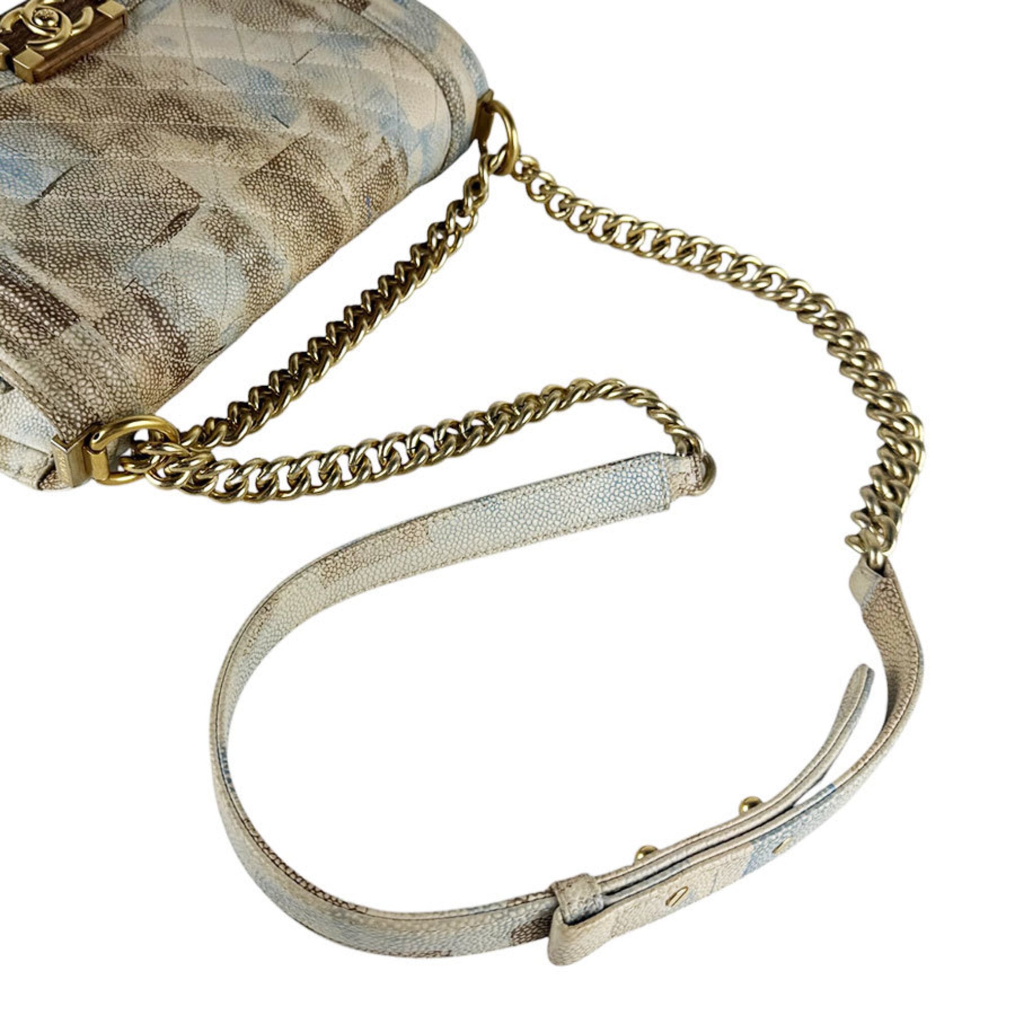 Chanel Beige Blue Brown Grained Calfskin Shoulder Bag (Pre-Owned)