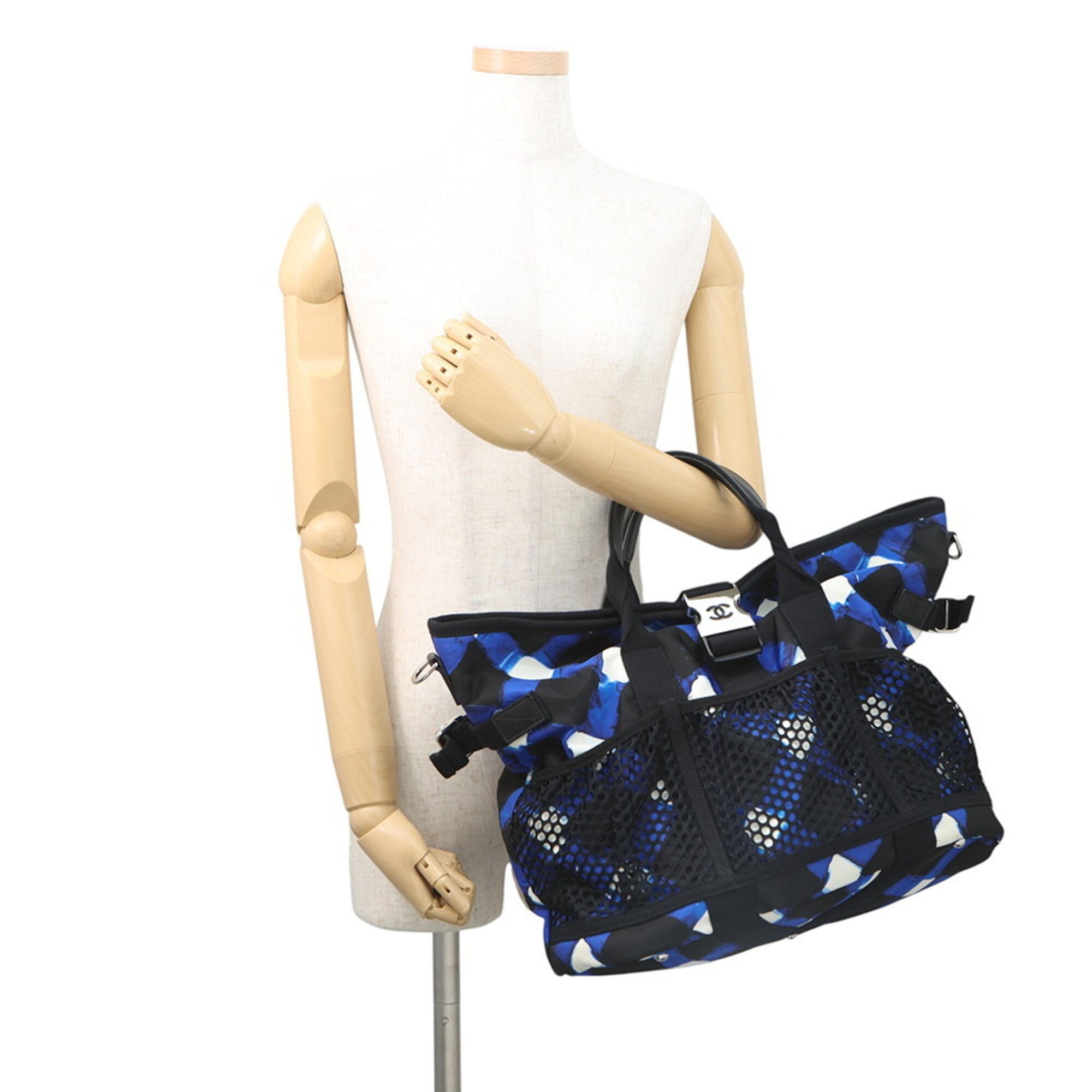 Chanel Black Blue White Nylon Handbag Shoulder Bag Tote Bag (Pre-Owned)