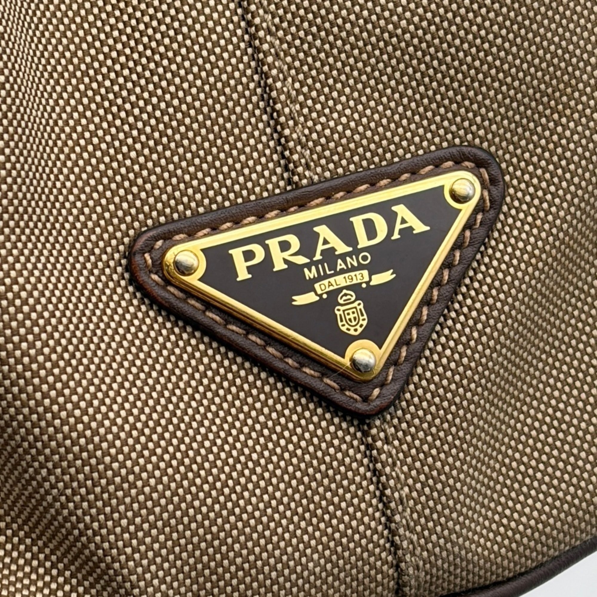 Prada Beige Dark Brown Canvas Leather Tote Bag (Pre-Owned)