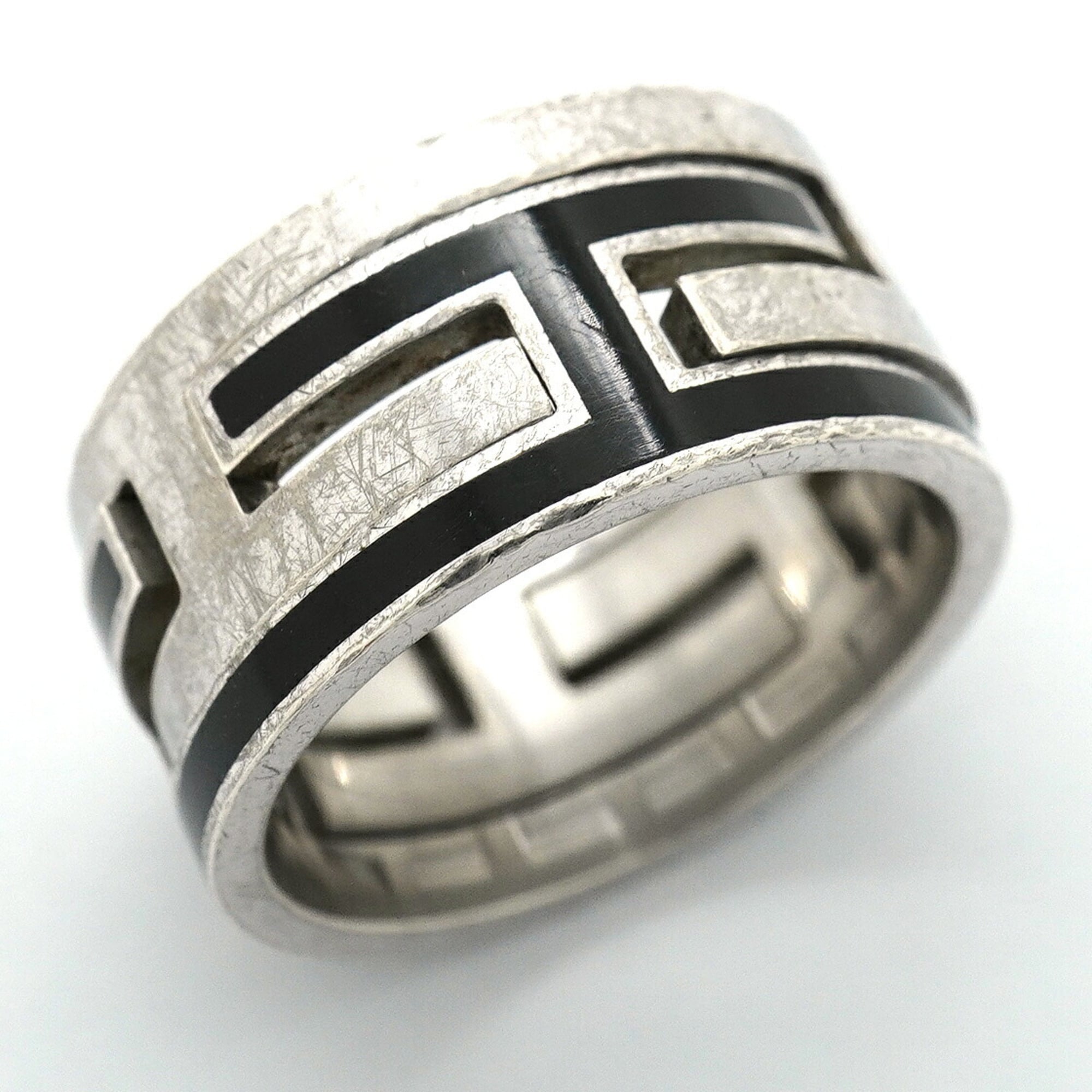 Hermes Black Silver 925 Band Ring (Pre-Owned)