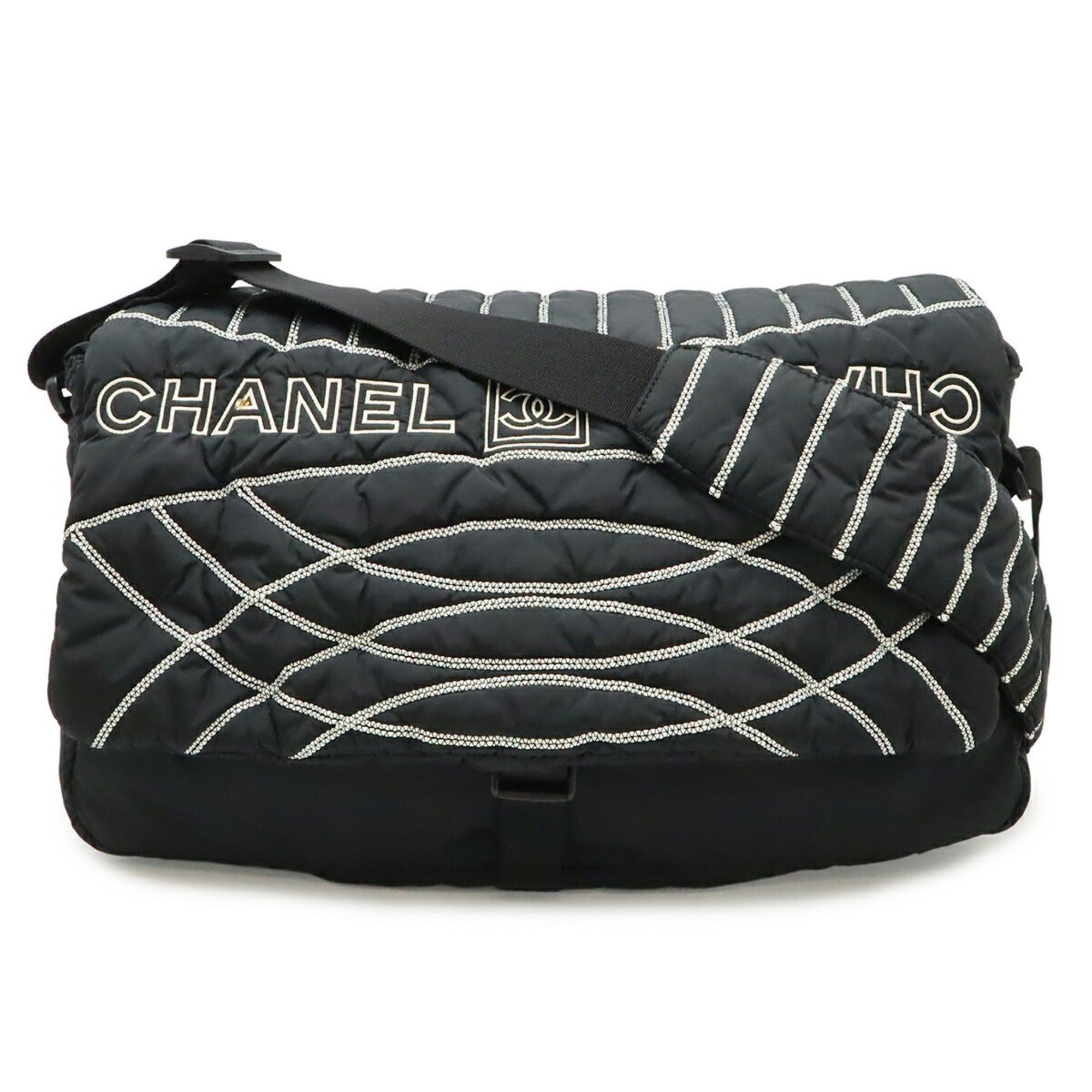 Chanel Black White Nylon Messenger Bag Shoulder Bag (Pre-Owned)