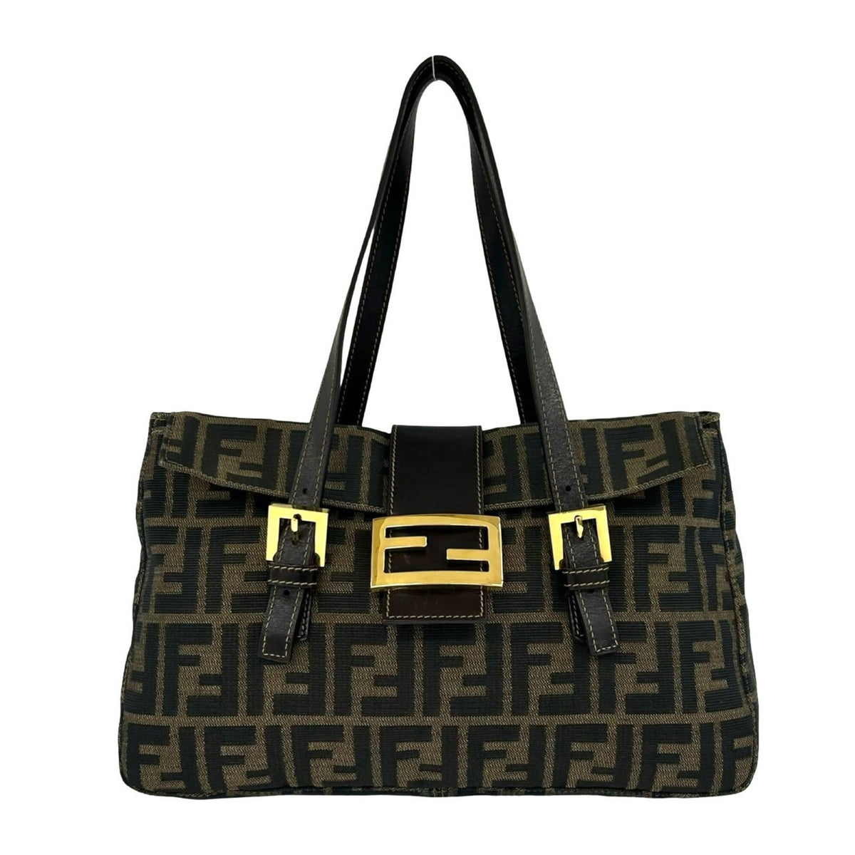 Fendi Black Brown Canvas Leather Handbag Tote Bag (Pre-Owned)