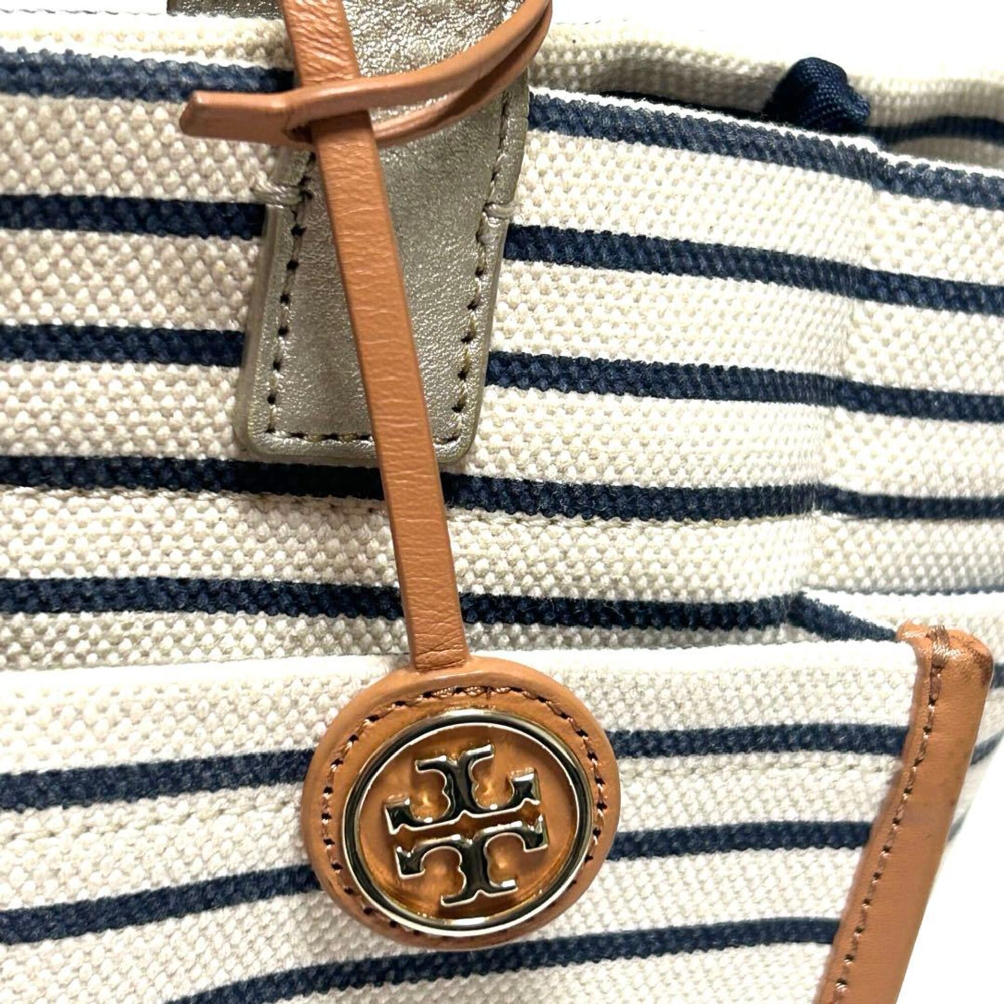 Tory Burch Navy White Canvas Leather Tote Bag (Pre-Owned)