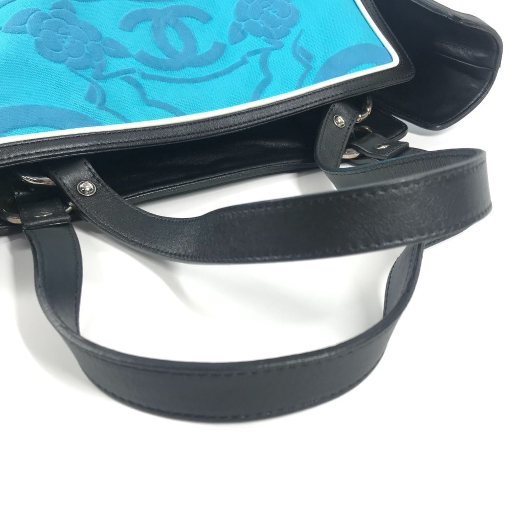 Chanel Black Blue Leather Canvas Shoulder Bag Tote Bag (Pre-Owned)