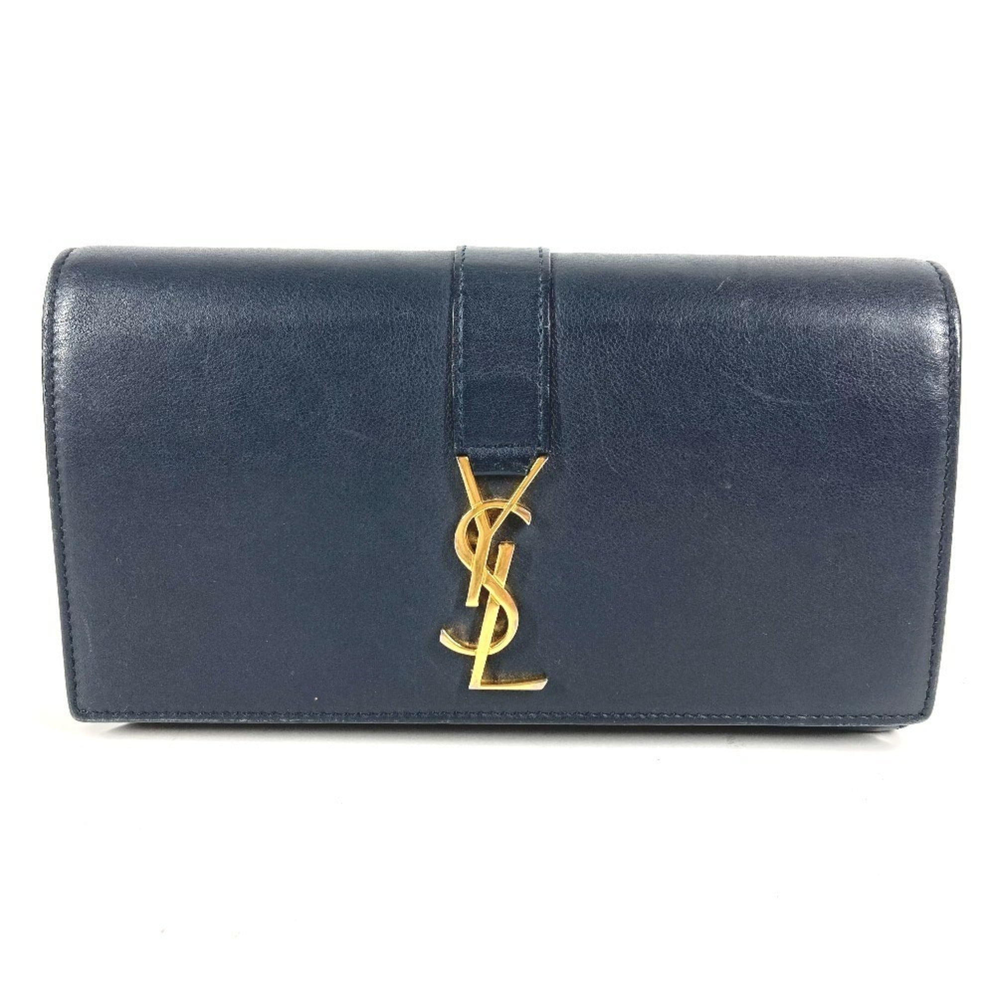 Yves Saint Laurent Navy Leather Long Wallet (Tri-Fold) (Pre-Owned)