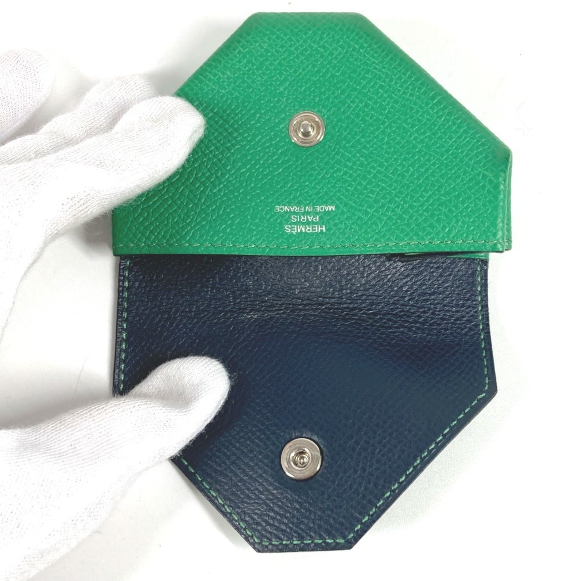Hermes Green Navy Leather Coin Purse/Coin Case (Pre-Owned)
