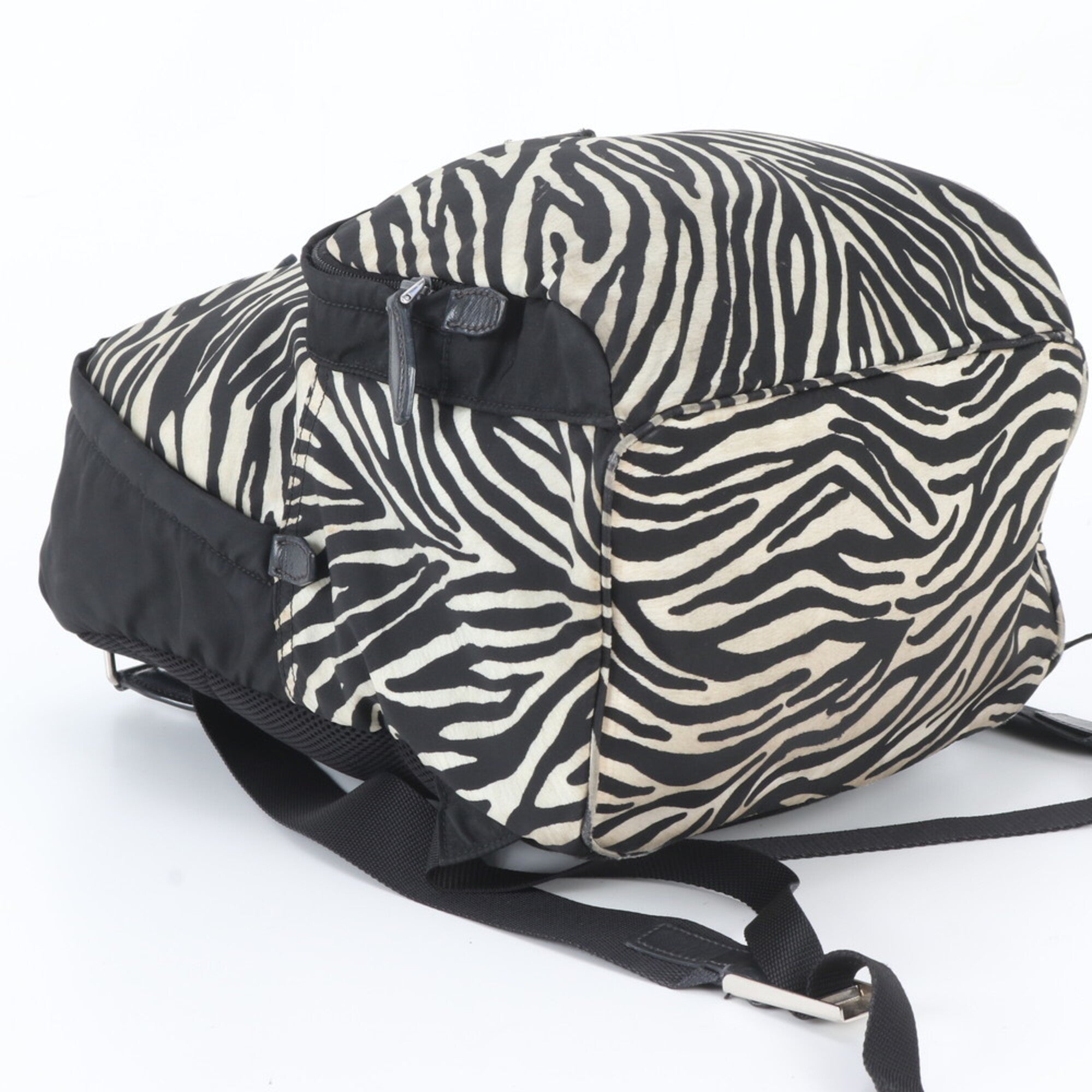 Prada Black White Leather Nylon Backpack Handbag (Pre-Owned)