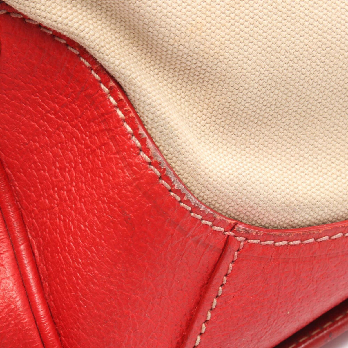 Prada Beige Red Color Canvas Leather Handbag (Pre-Owned)