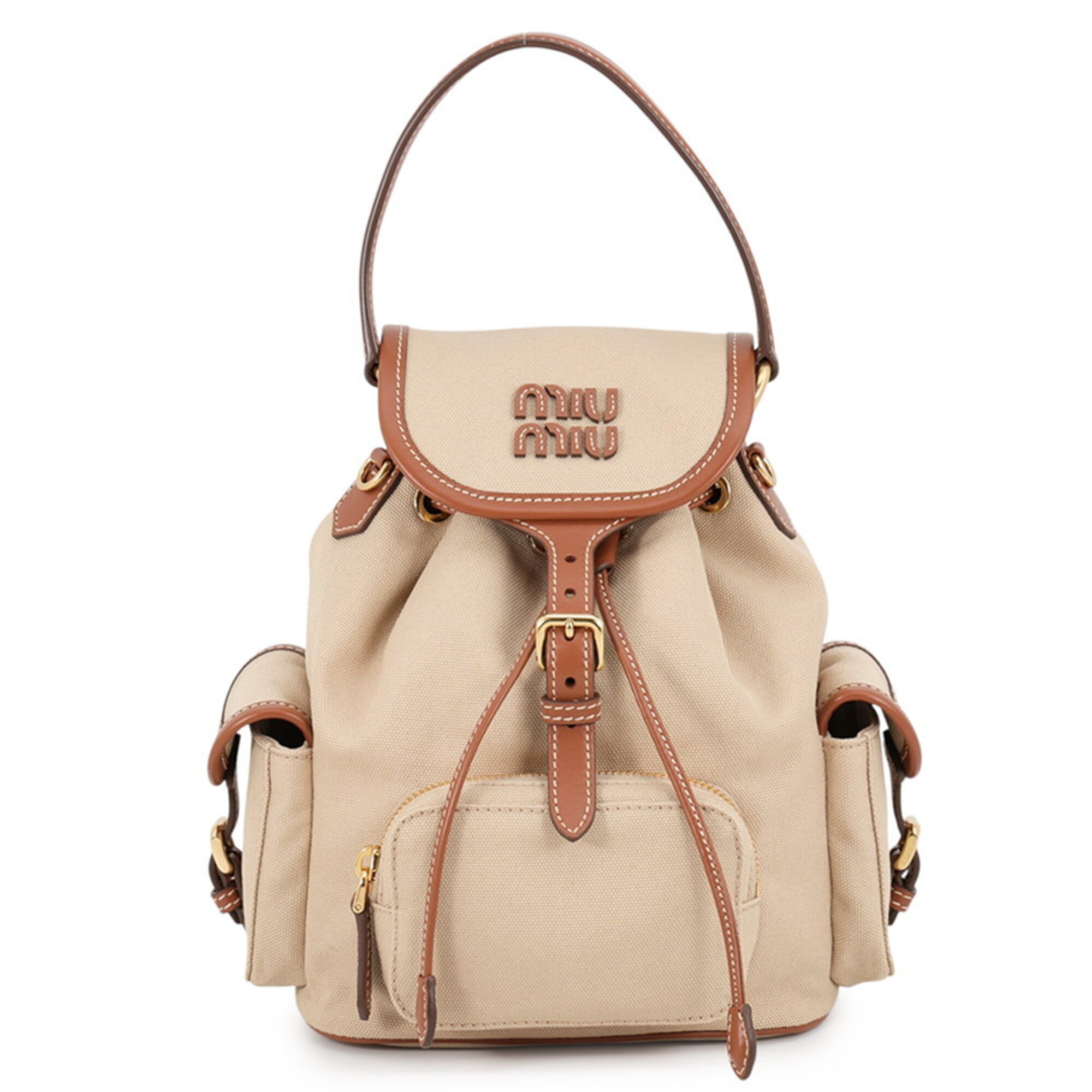 Miu Miu Beige Brown Leather Canvas Backpack Handbag (Pre-Owned)