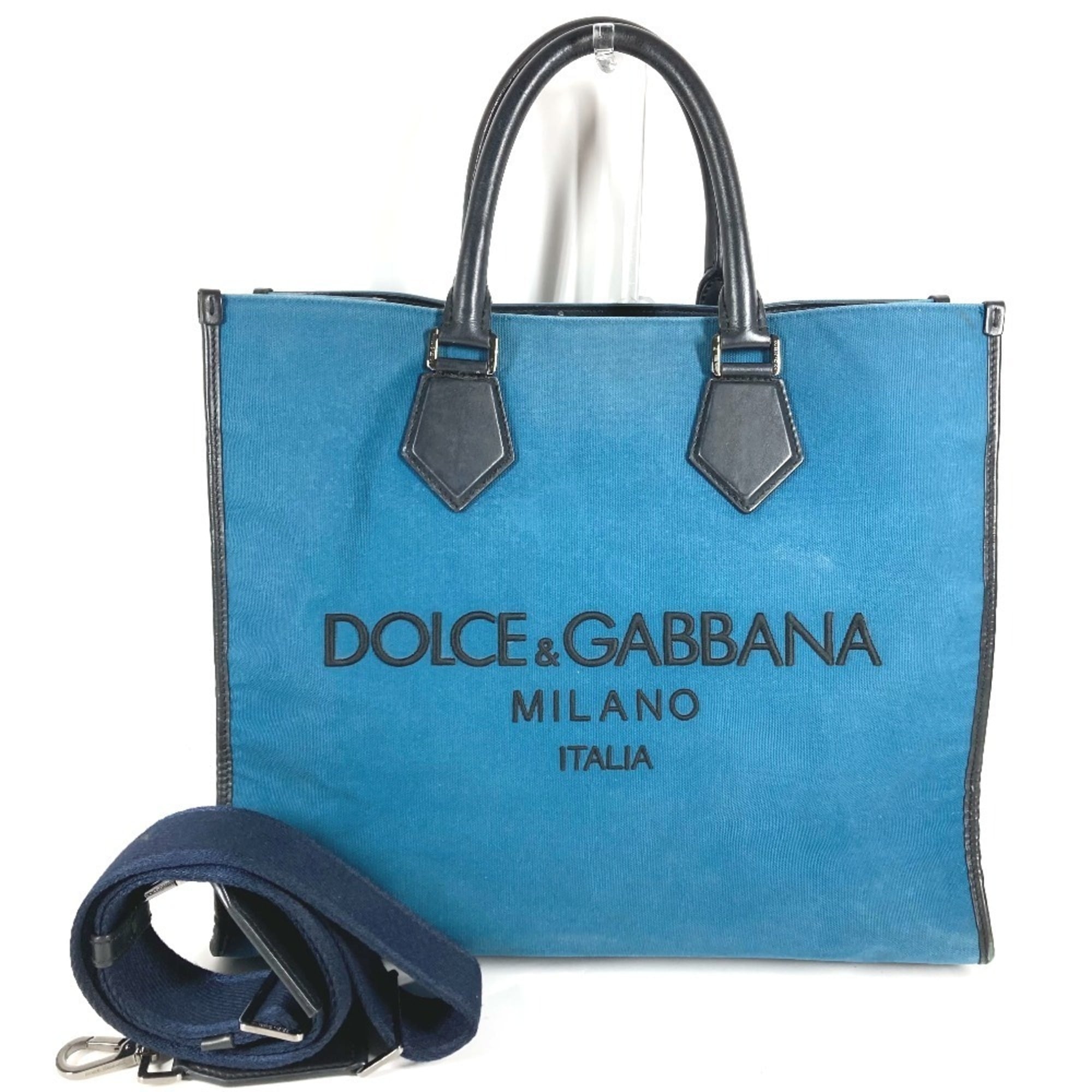 Dolce & Gabbana Black Blue Leather Canvas Shopping Bag Shoulder Bag Tote Bag (Pre-Owned)