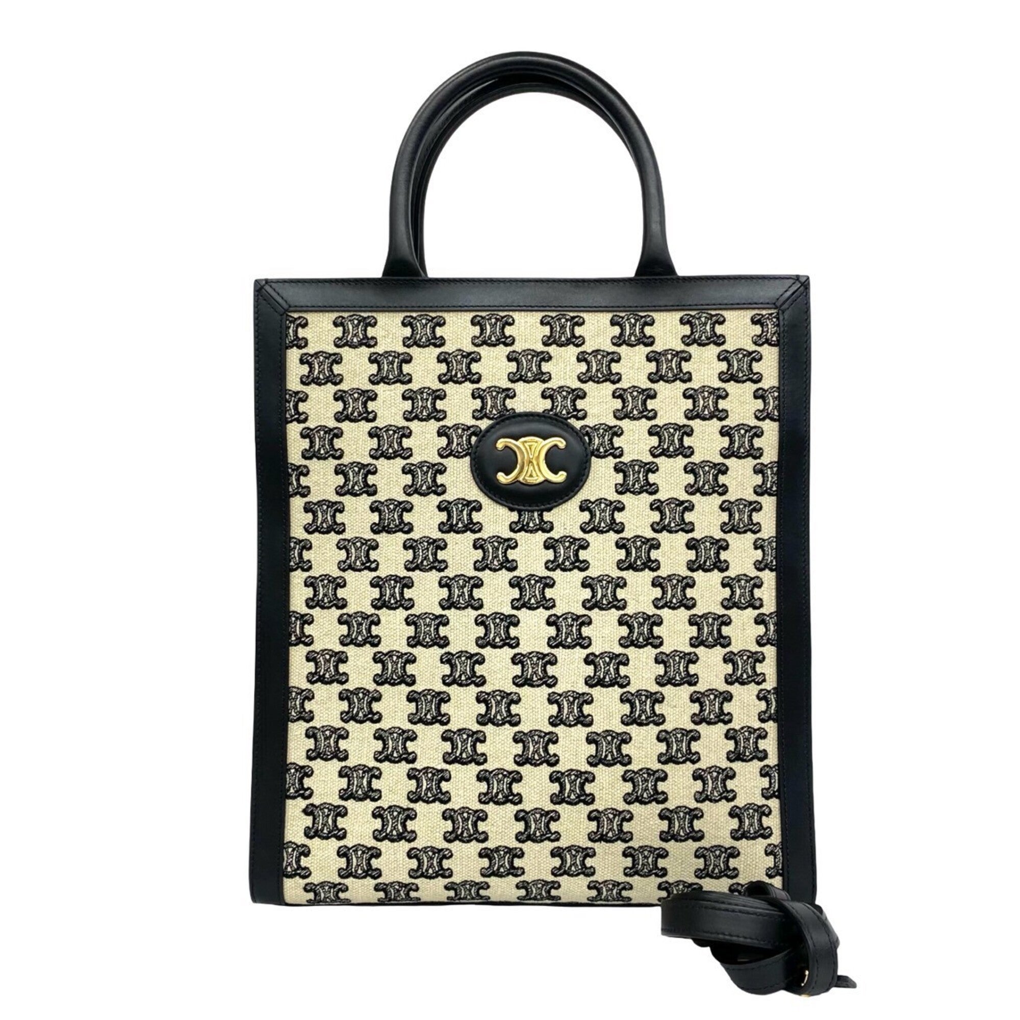 Celine Black Ivory Canvas Leather Handbag Shoulder Bag (Pre-Owned)