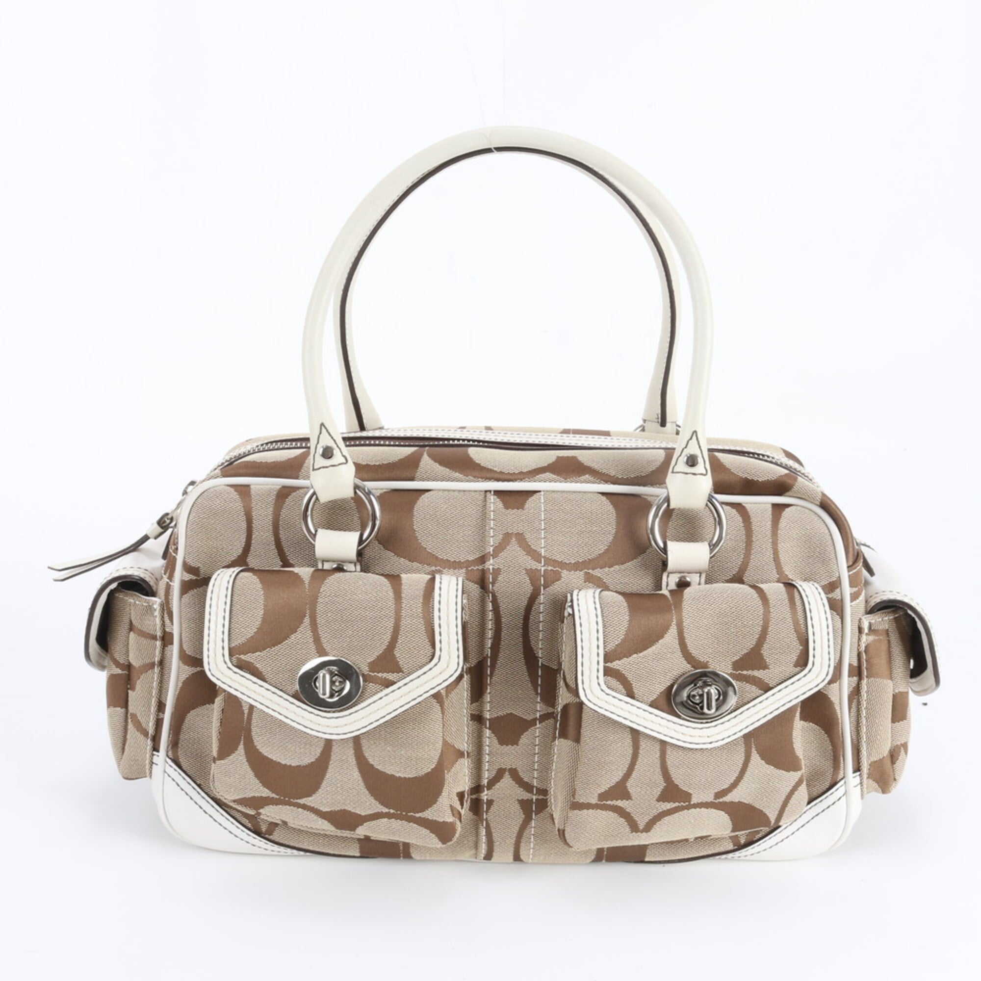 Coach Beige Leather Canvas Boston Bag Shoulder Bag Tote Bag (Pre-Owned)