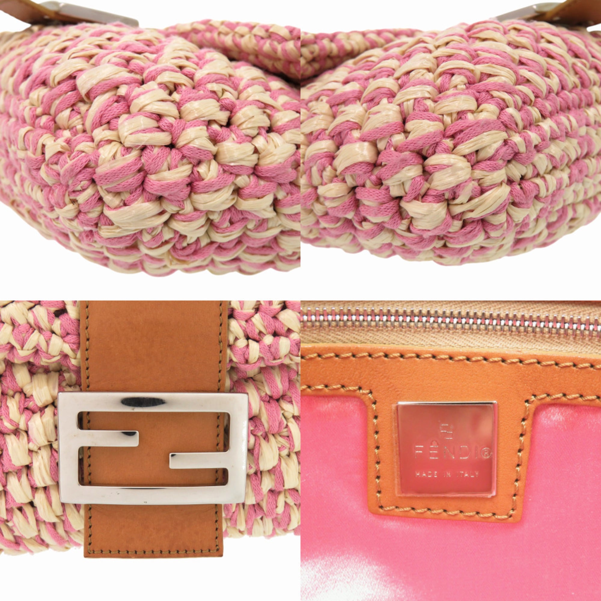 Fendi Brown Ivory Pink Straw Cotton Leather Handbag Shoulder Bag (Pre-Owned)