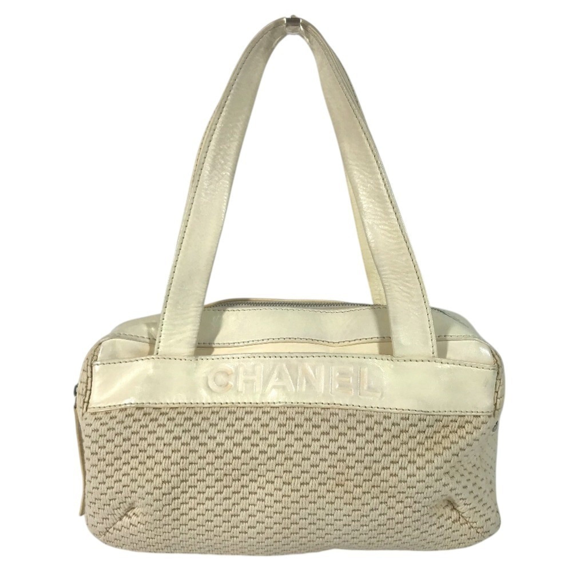 Chanel Beige Ivory Leather Canvas Handbag Shoulder Bag (Pre-Owned)