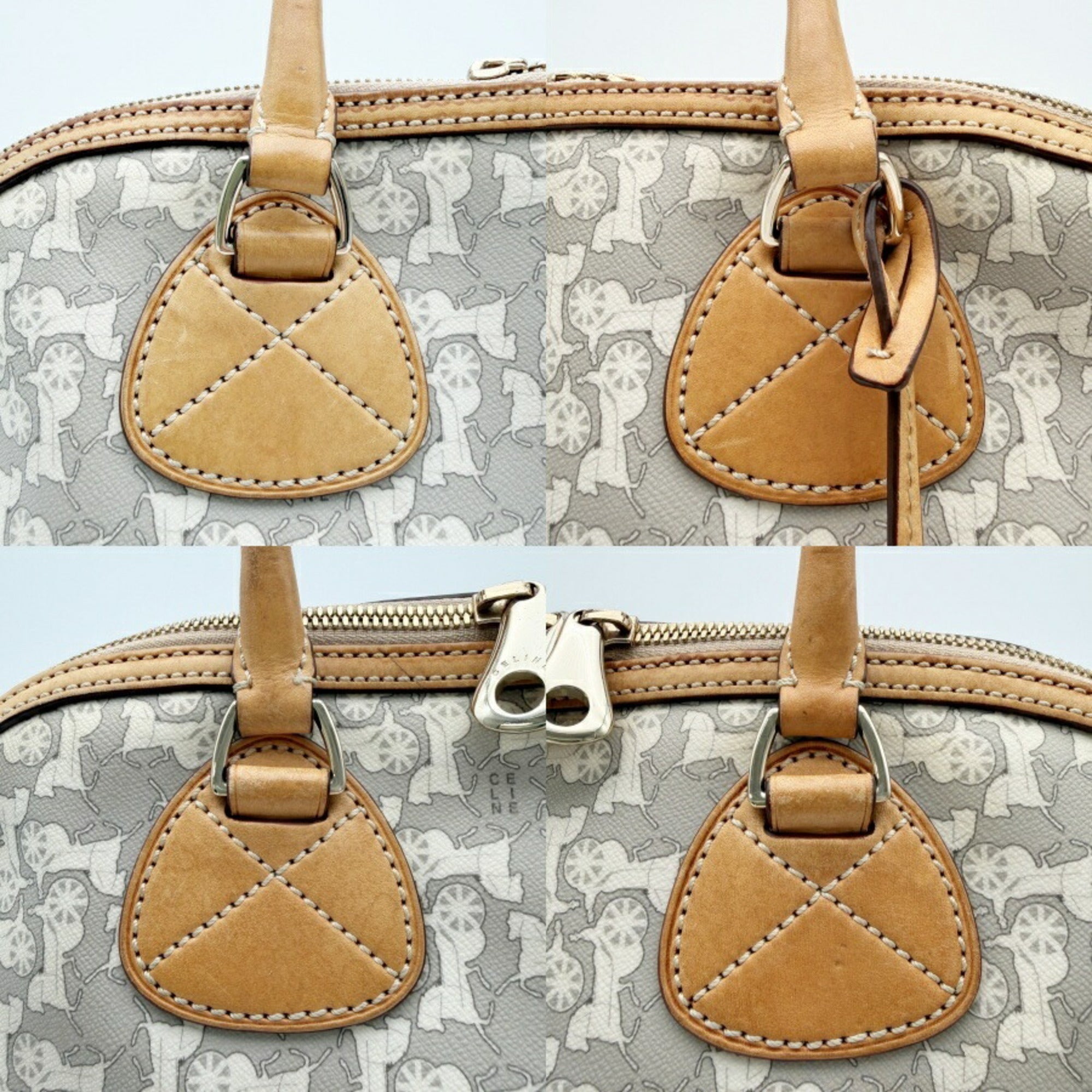 Celine Gray White Pvc Leather Boston Bag Handbag (Pre-Owned)