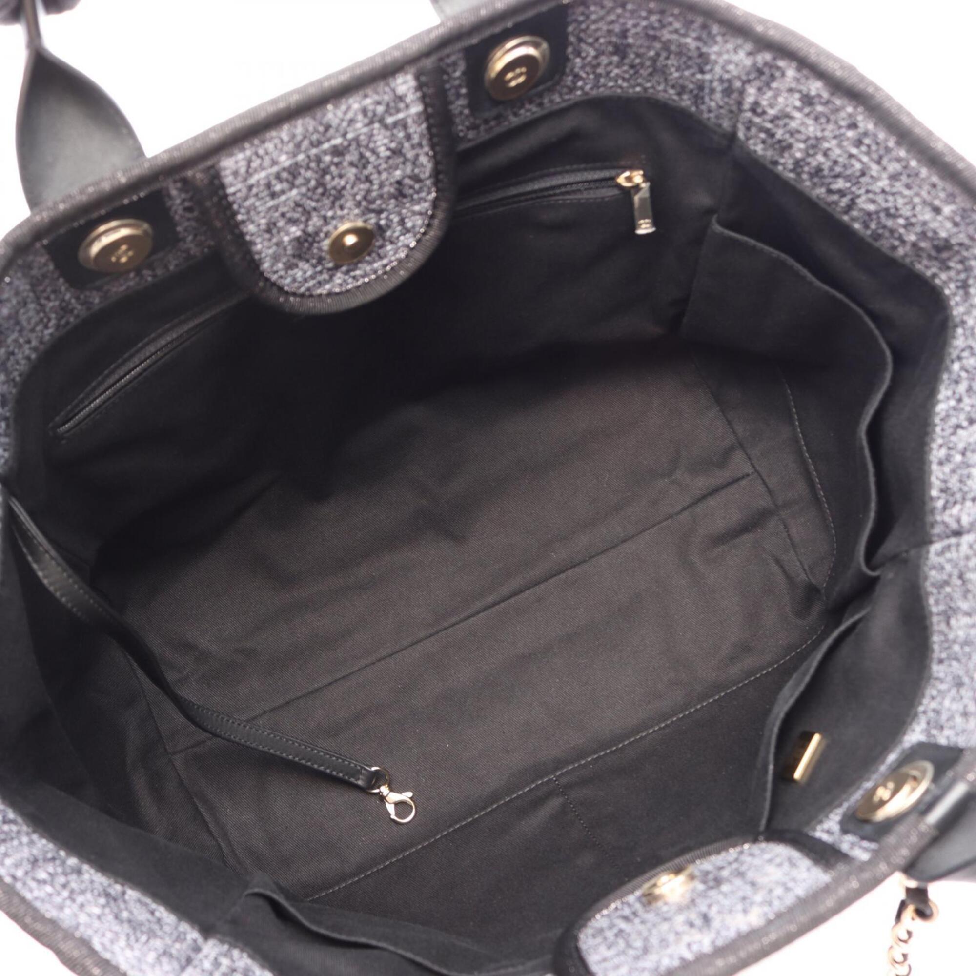 Chanel Black Gray Canvas Leather Handbag Tote Bag (Pre-Owned)