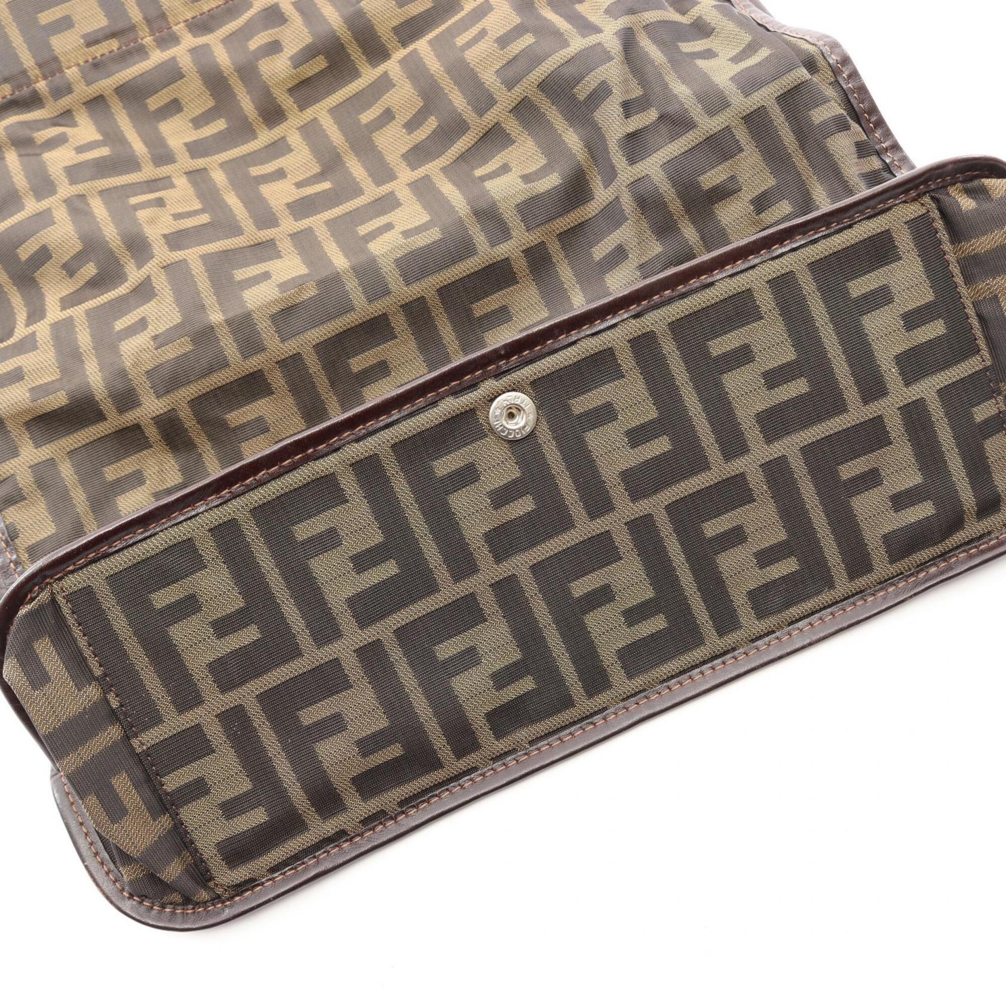 Fendi Brown Leather Canvas Handbag Tote Bag (Pre-Owned)