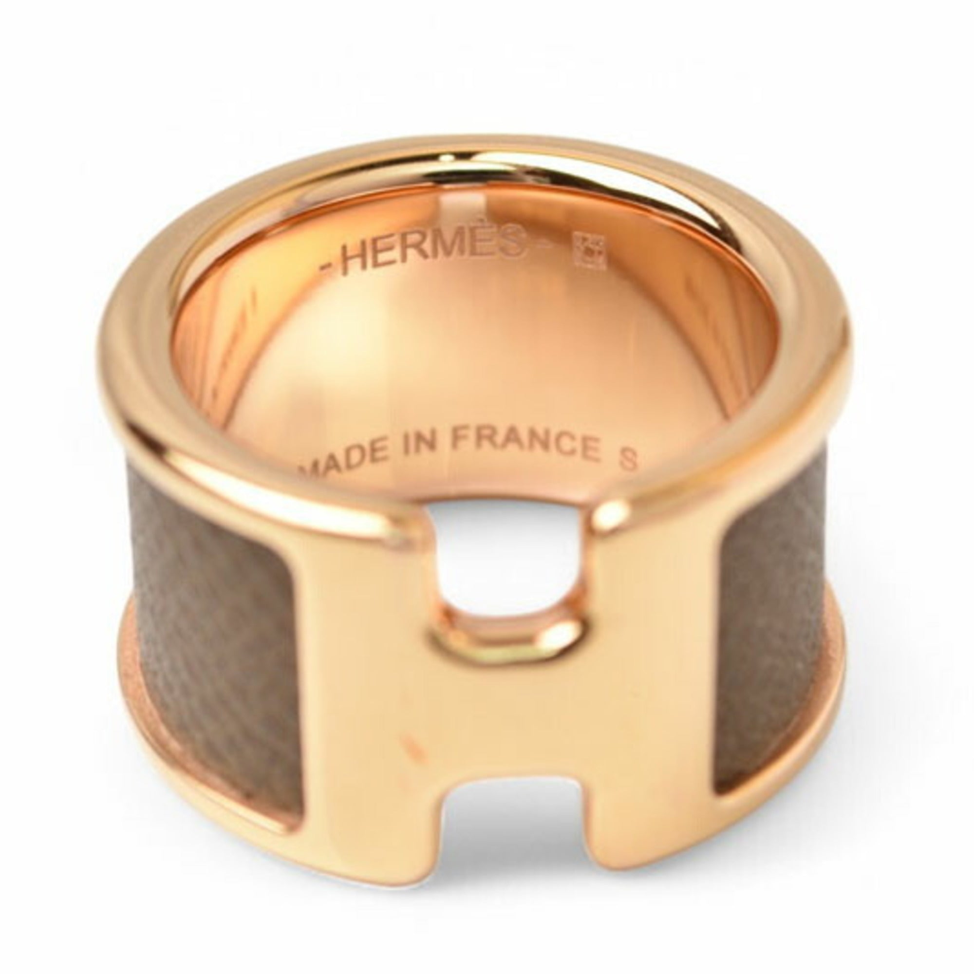 Hermes Etoupe Gray Gold Leather Metal Band Ring (Pre-Owned)