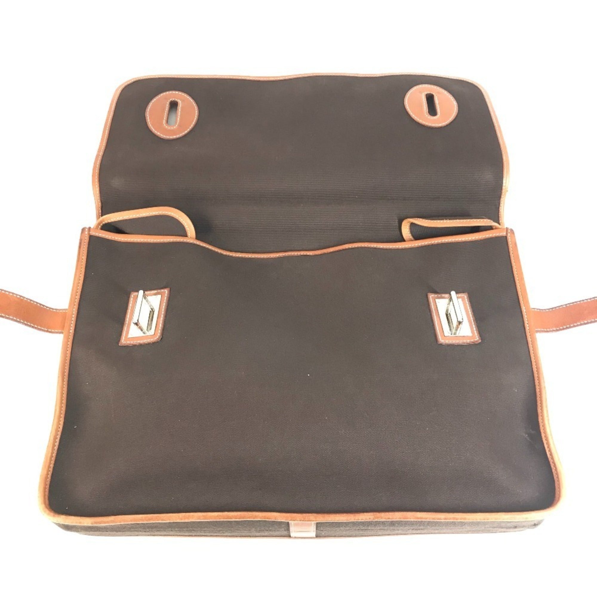 Hermes Buenaventura Brown Leather Canvas Briefcase Tote Bag (Pre-Owned)