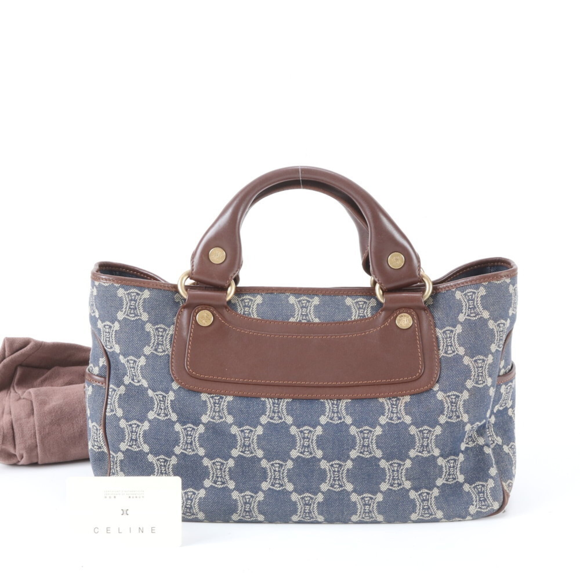 Celine Macadam Brown Navy Leather Canvas Handbag Tote Bag (Pre-Owned)