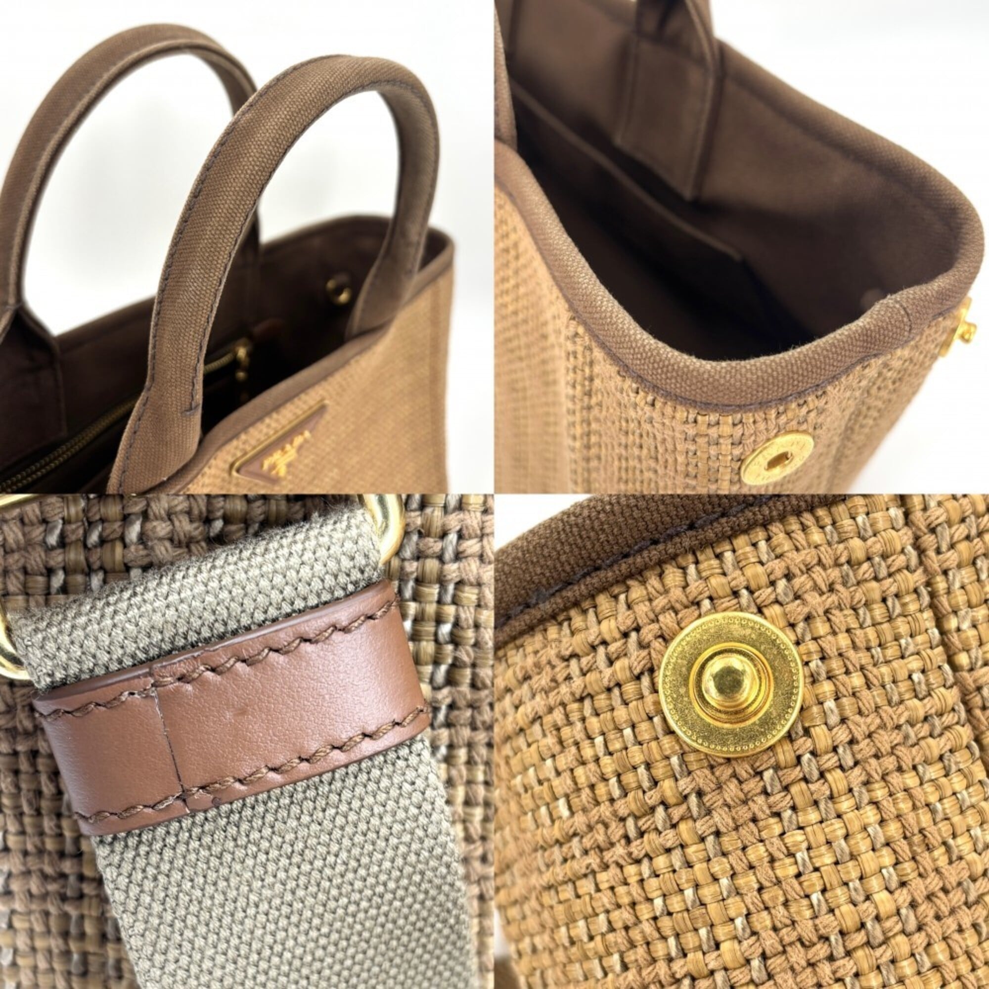 Prada Brown Canvas Straw Handbag Shoulder Bag (Pre-Owned)