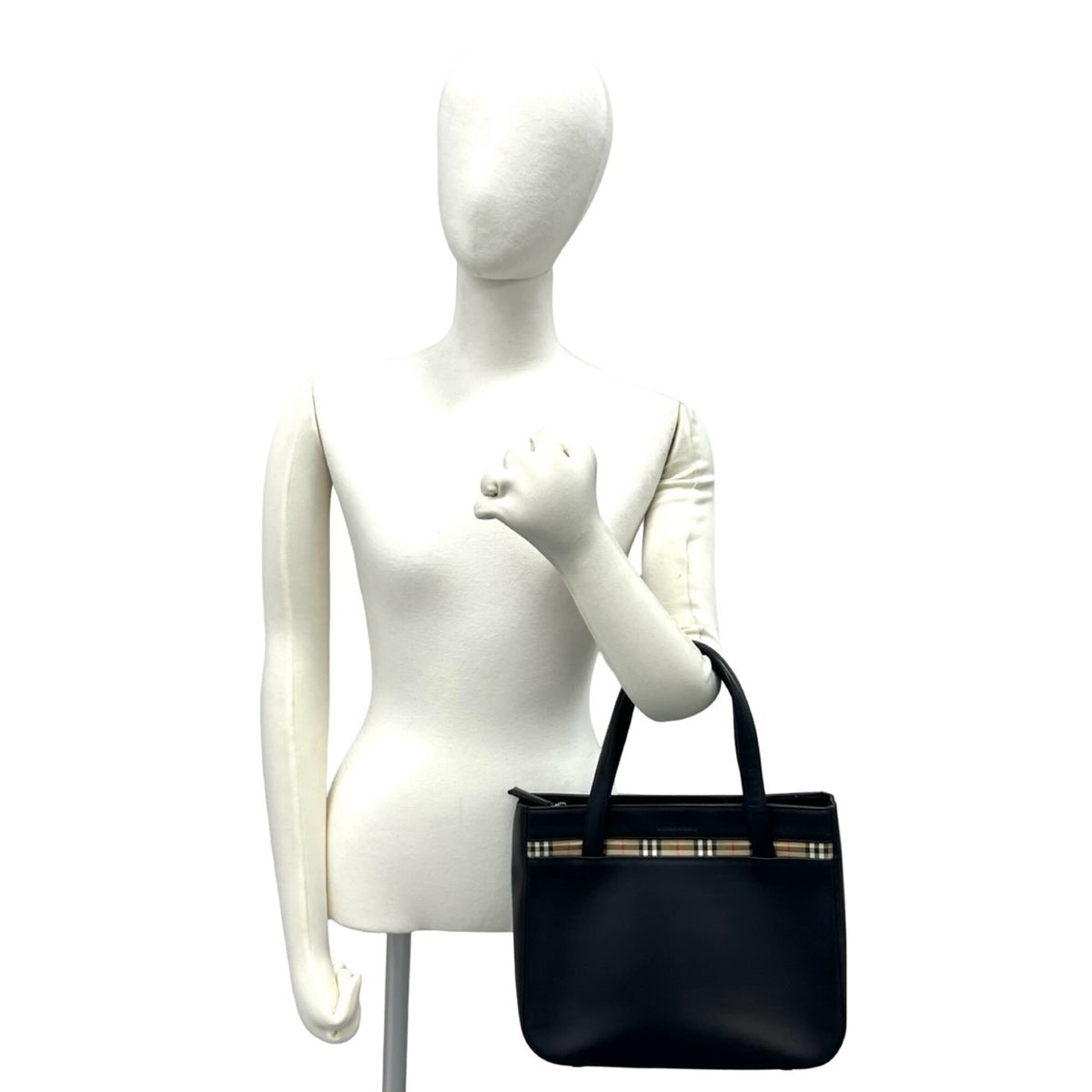 Burberry Beige Black Leather Canvas Handbag Tote Bag (Pre-Owned)
