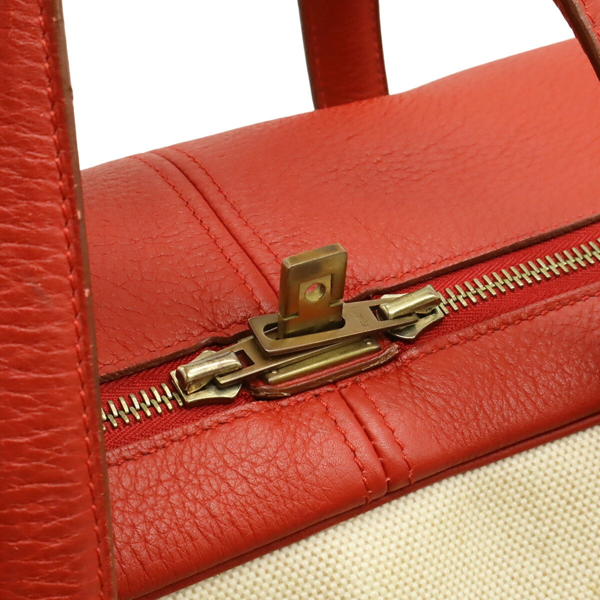 Hermes Natural Red Color Toile H Taurillon Clemence Leather Boston Bag (Pre-Owned)