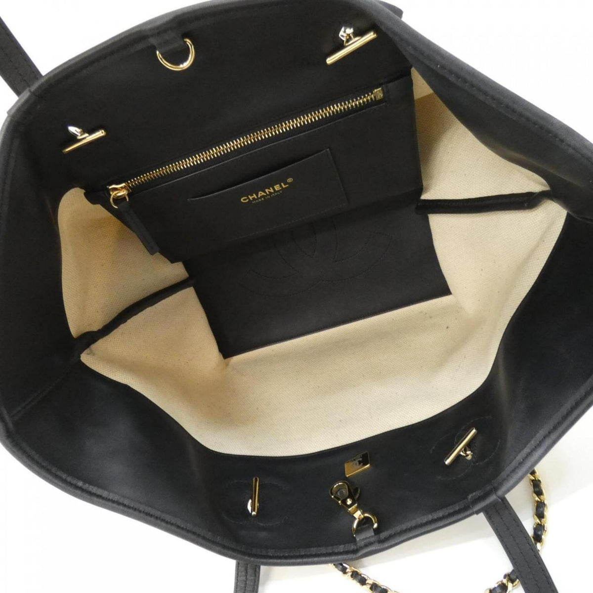 Chanel Black Ivory Canvas Leather Handbag (Pre-Owned)