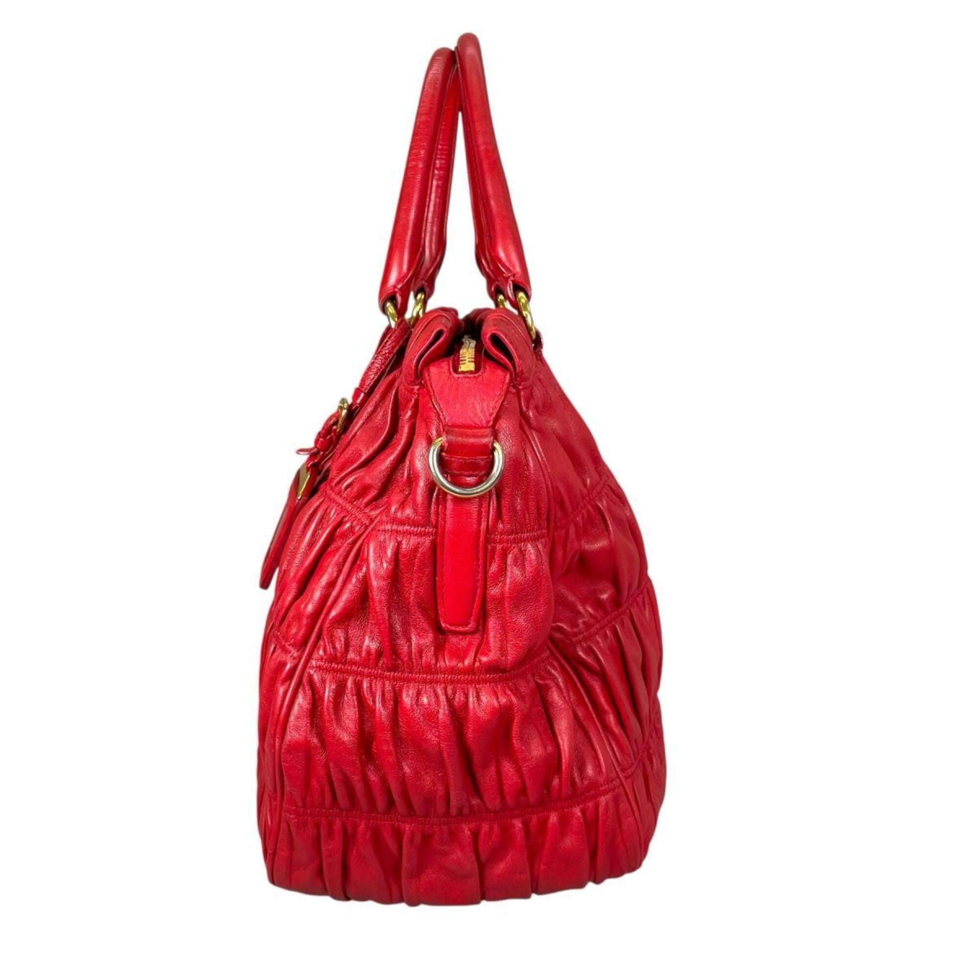 Prada Red Color Nappa Leather Shoulder Bag Tote Bag (Pre-Owned)