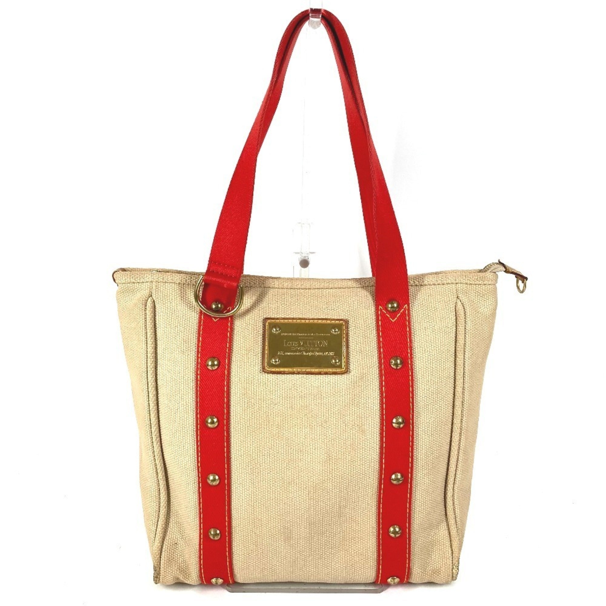 Louis Vuitton Beige Red Color Canvas Leather Shoulder Bag Tote Bag (Pre-Owned)
